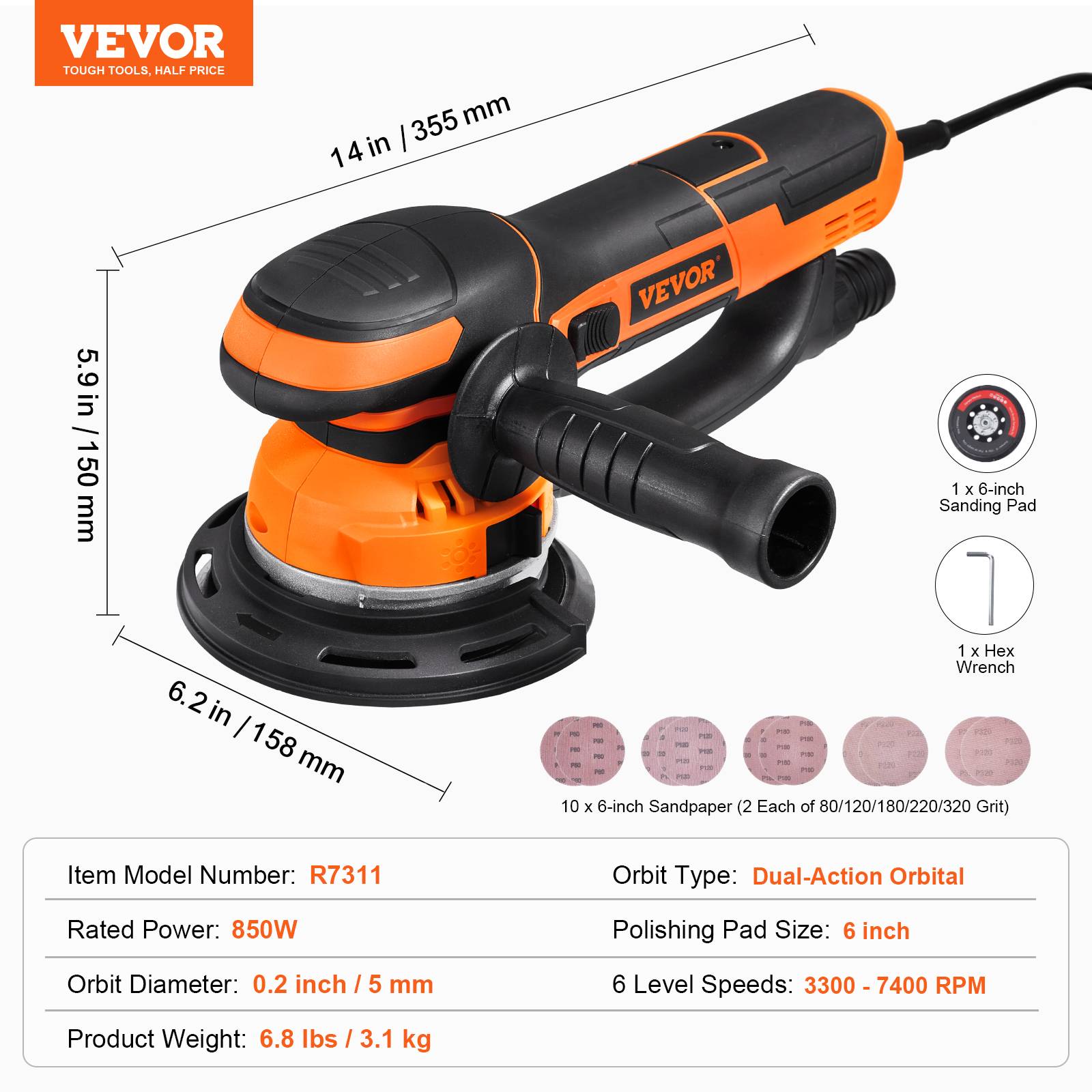 Vevor - VEVOR Ponceuse orbitale aléatoire 152 mm, 850 W, 6 vitesses. Pour bois. - Image 7