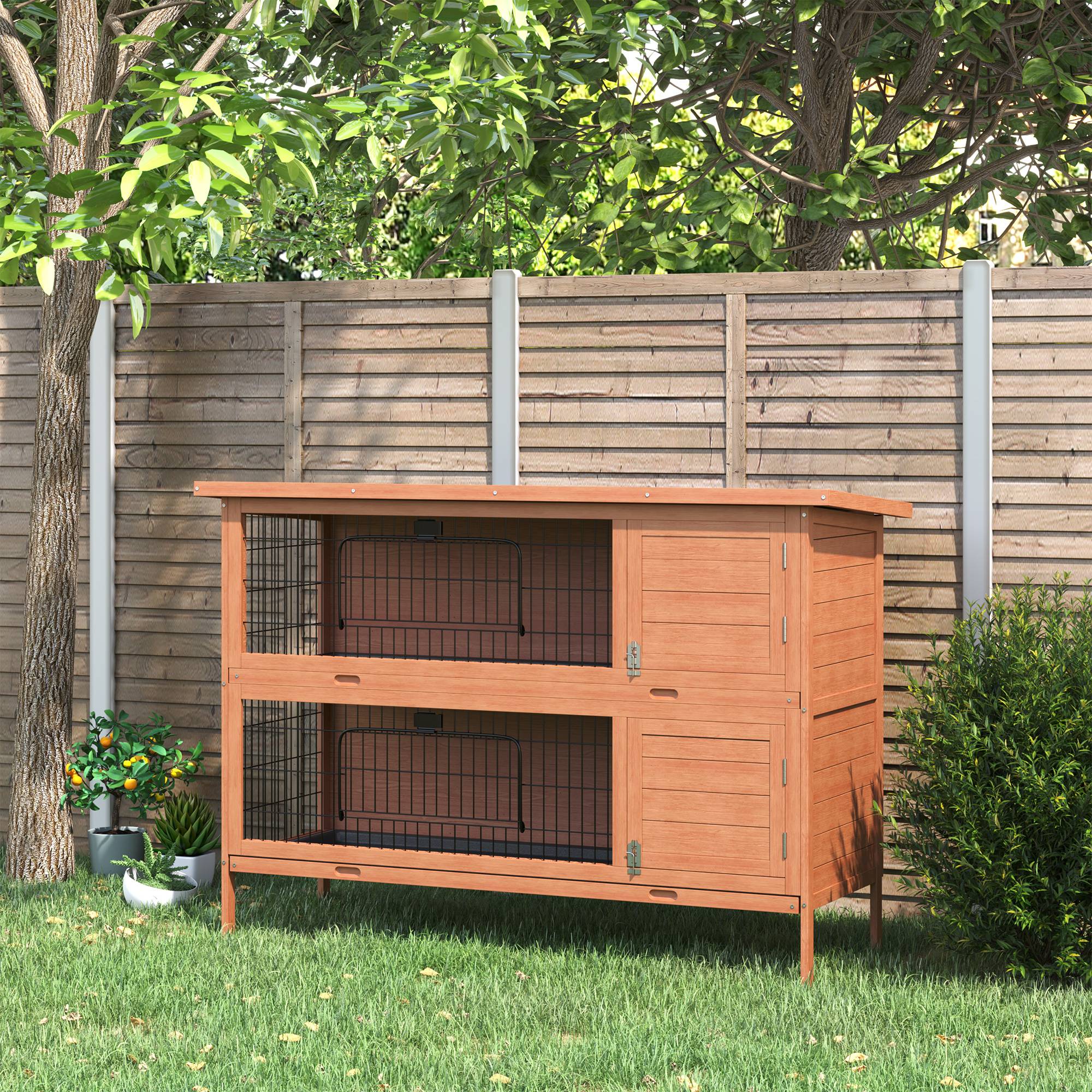 Cage lapins hiver 2 étages, bois, bac, toit bitume, portes, 136,4 x 50 x 93 cm, orange - Image 3