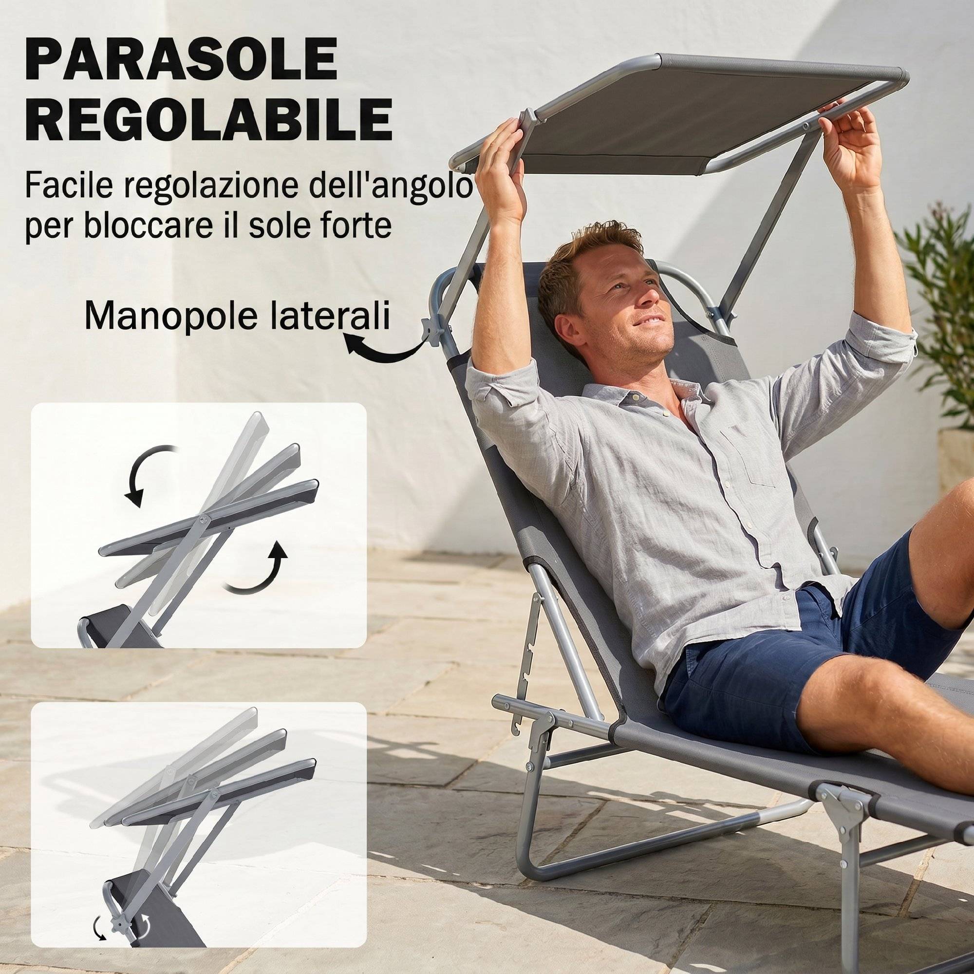 Transat de jardin pliable et réglable avec auvent en tissu gris, 187 x 58 x 50 cm - Image 6