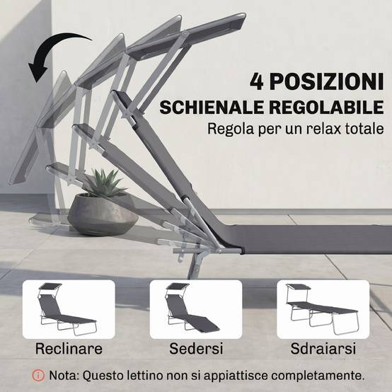 Transat de jardin pliable et réglable avec auvent en tissu gris, 187 x 58 x 50 cm - Image 7