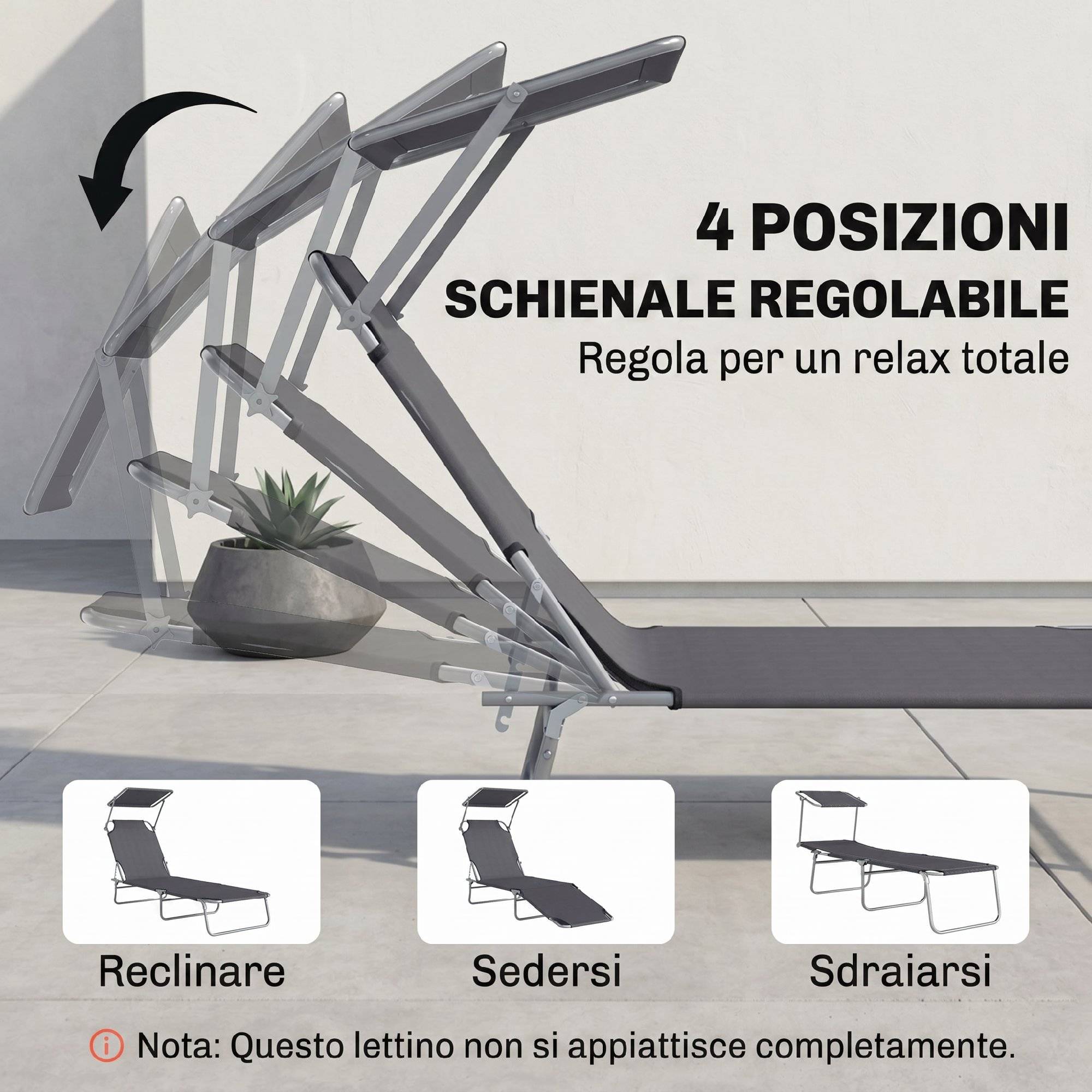 Transat de jardin pliable et réglable avec auvent en tissu gris, 187 x 58 x 50 cm - Image 7