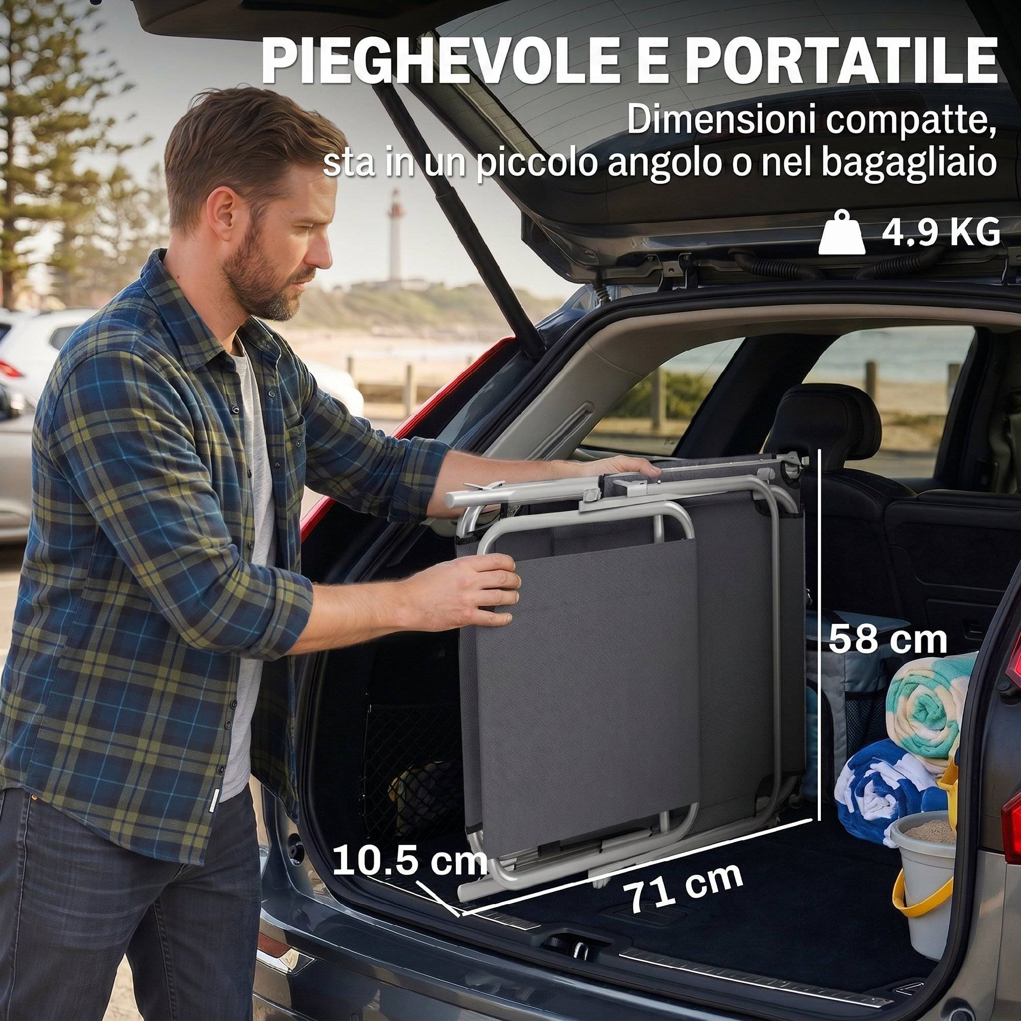Transat de jardin pliable et réglable avec auvent en tissu gris, 187 x 58 x 50 cm - Image 9