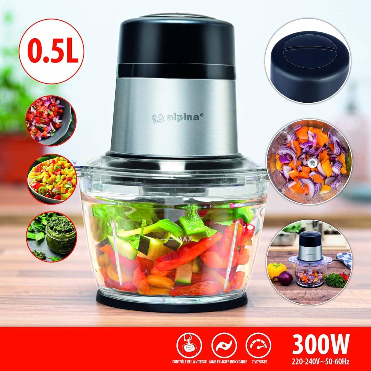 Alpina - Hachoir électrique 300W Mini mixeur 2 vitesses Bol 500 ml ALPINA - Image 2