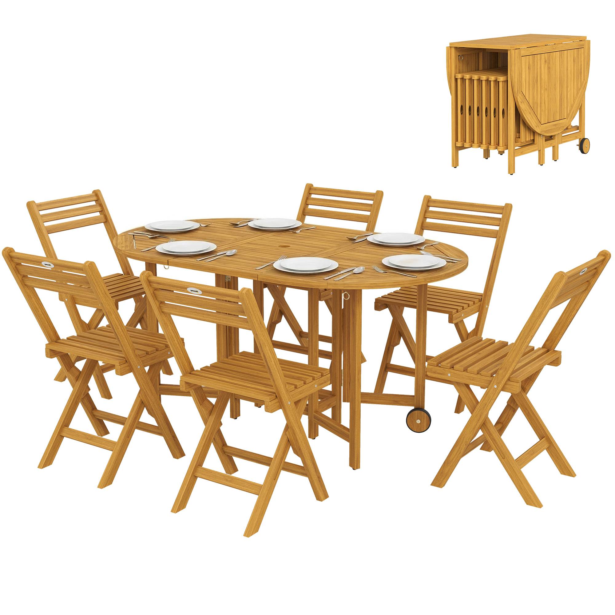 ComfortXL - Salon de jardin 7 pièces acacia naturel table extensible 150 cm 6 chaises pliantes avec trou pour parasol - Image 2