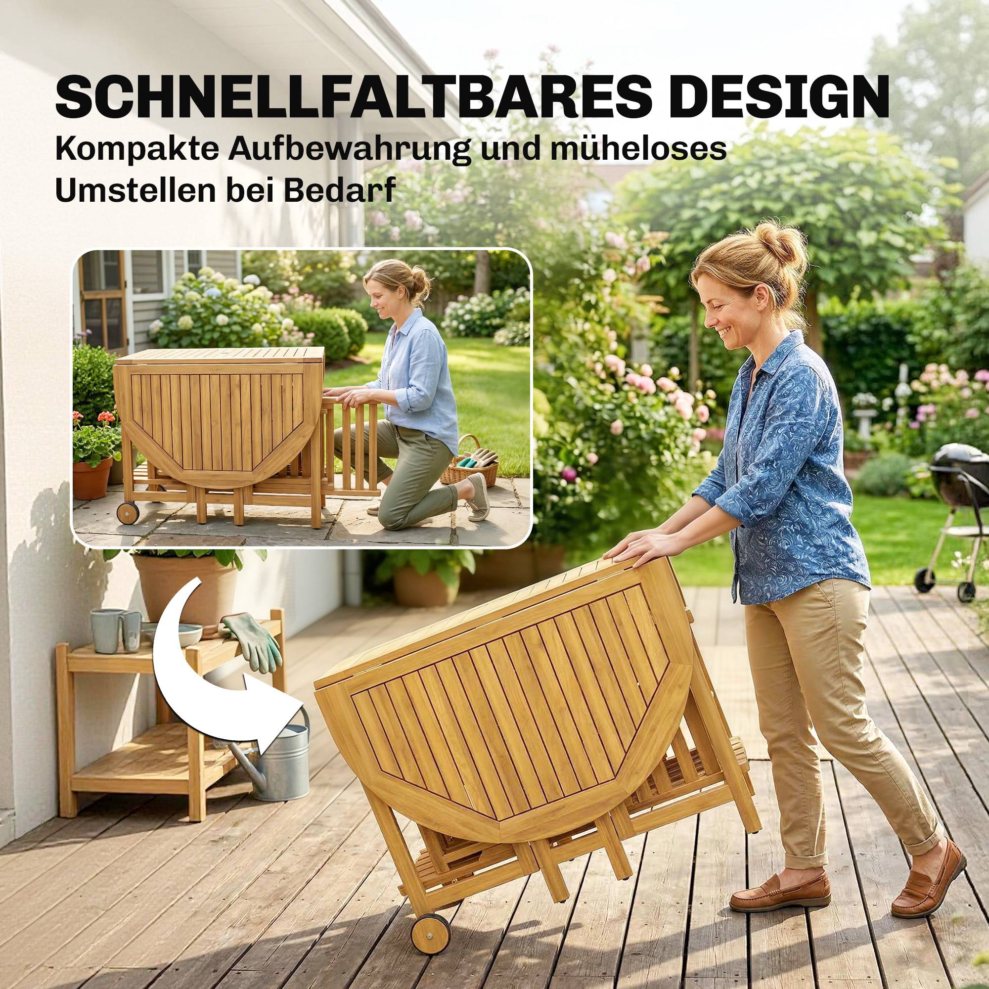 ComfortXL - Salon de jardin 7 pièces acacia naturel table extensible 150 cm 6 chaises pliantes avec trou pour parasol - Image 5