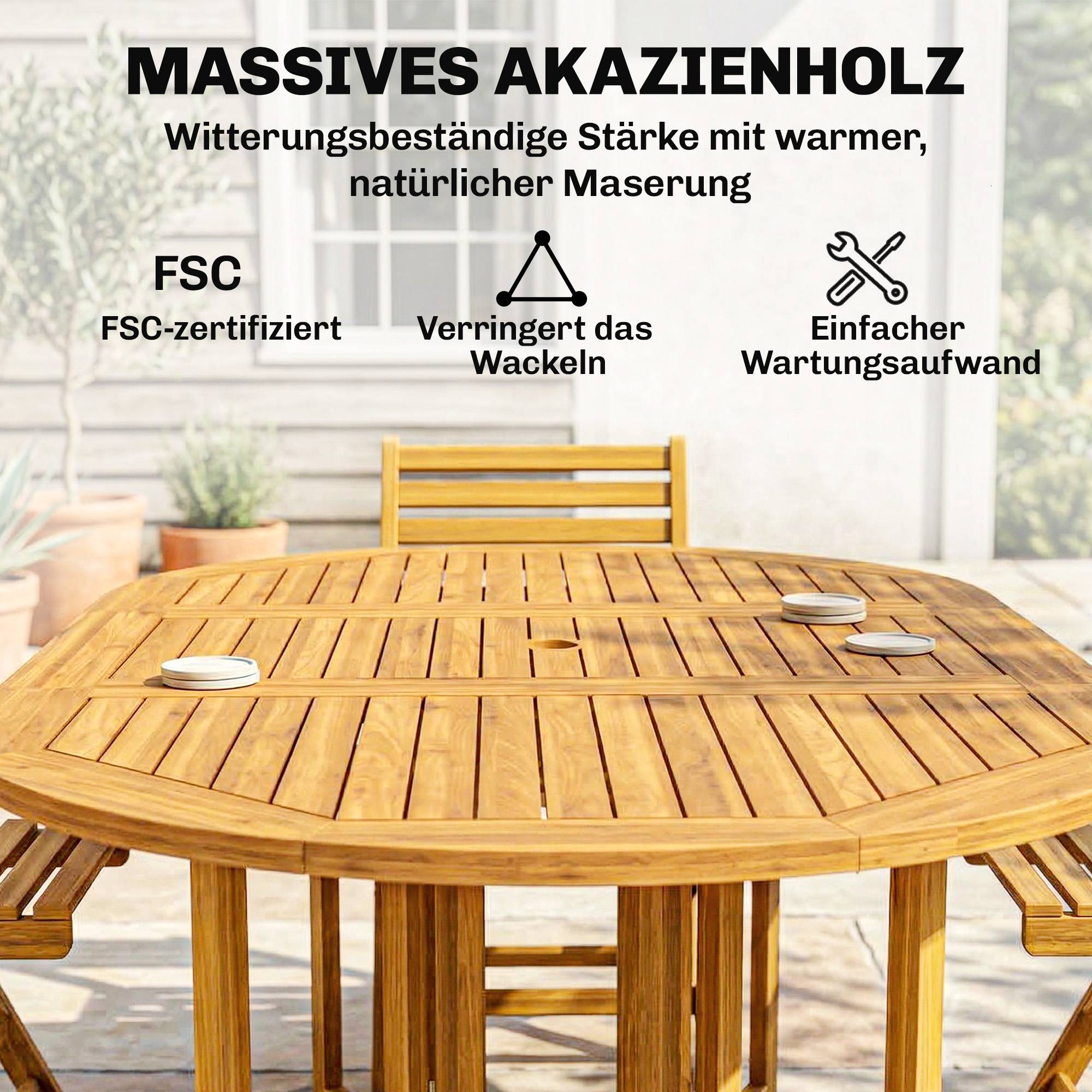 ComfortXL - Salon de jardin 7 pièces acacia naturel table extensible 150 cm 6 chaises pliantes avec trou pour parasol - Image 6