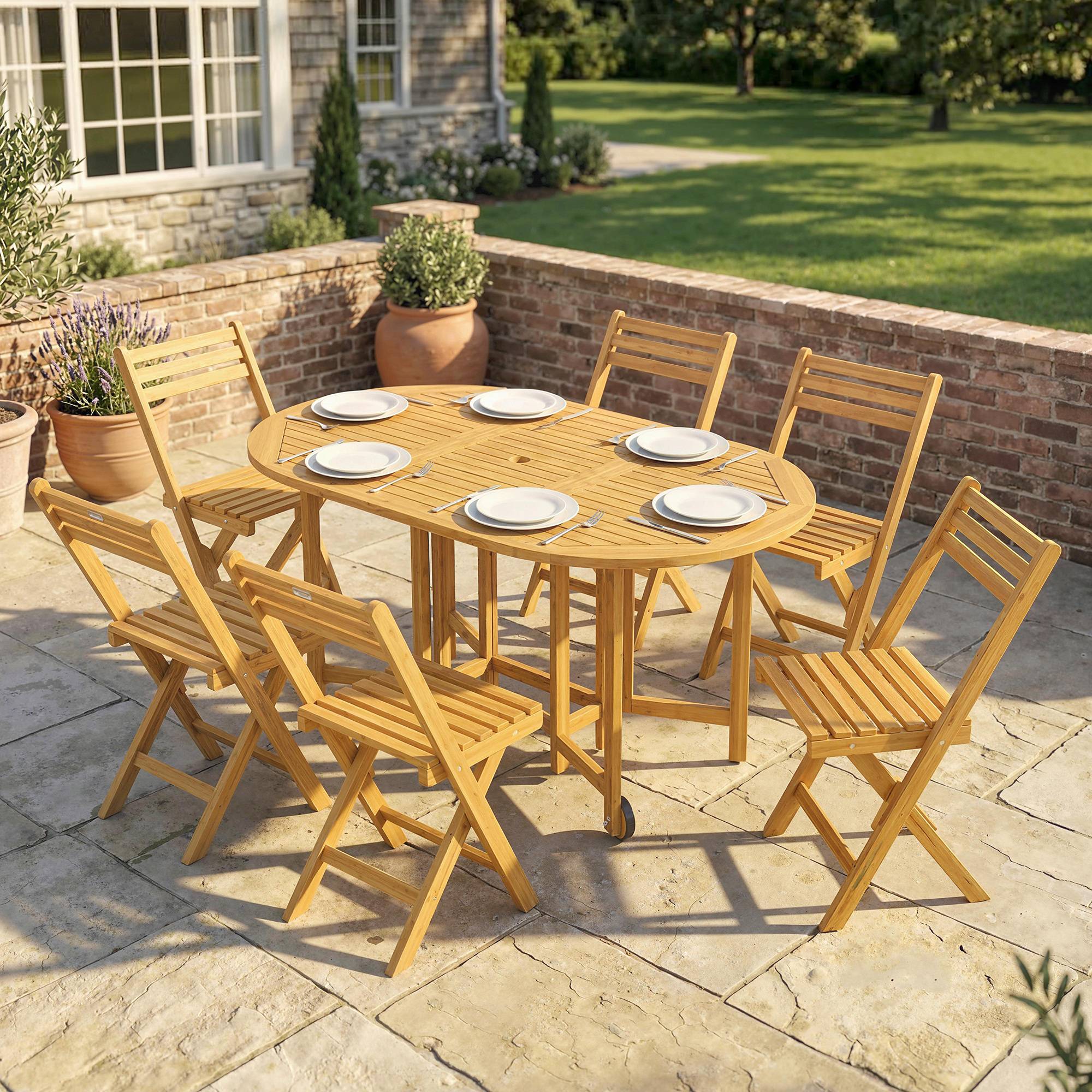 ComfortXL - Salon de jardin 7 pièces acacia naturel table extensible 150 cm 6 chaises pliantes avec trou pour parasol - Image 9