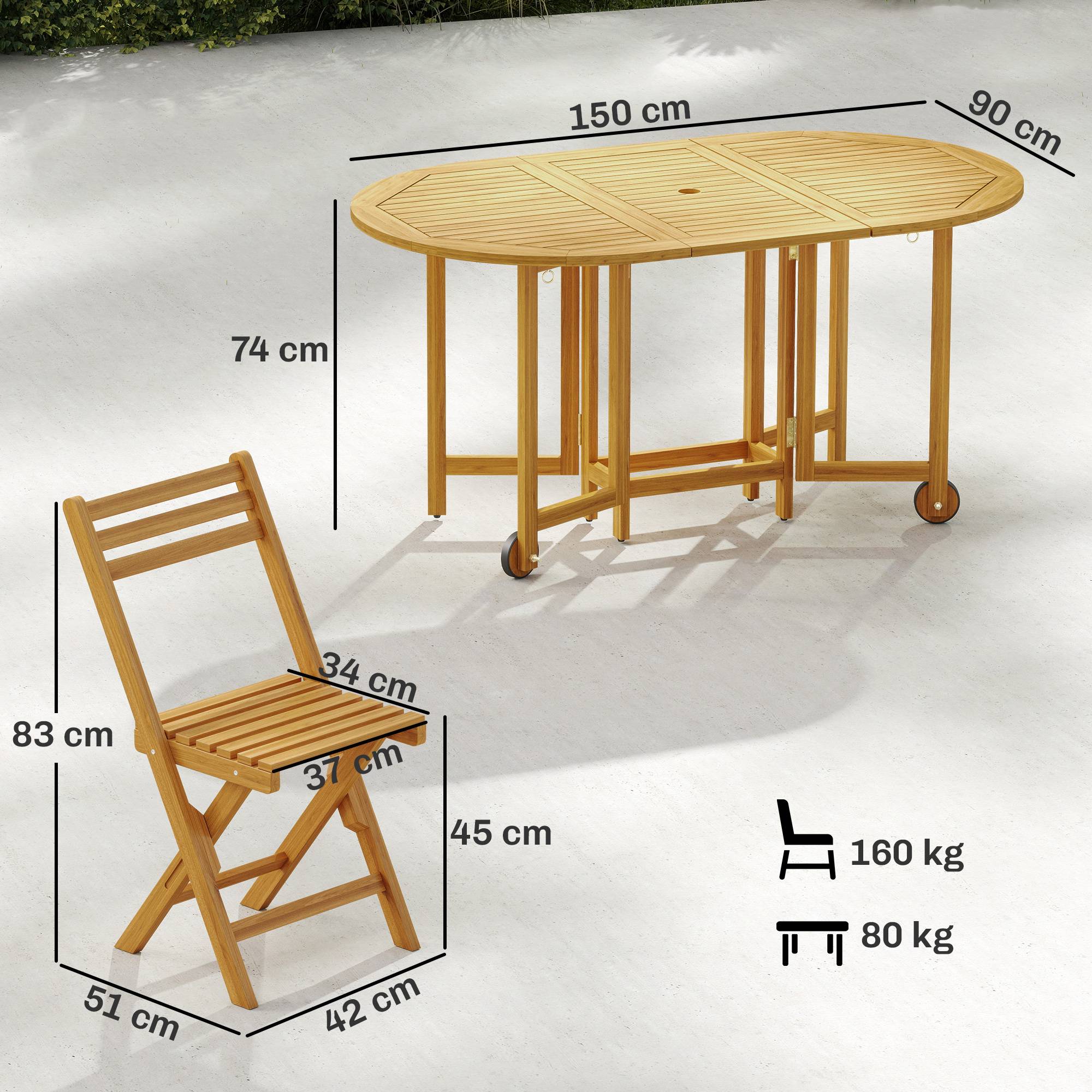 ComfortXL - Salon de jardin 7 pièces acacia naturel table extensible 150 cm 6 chaises pliantes avec trou pour parasol - Image 3