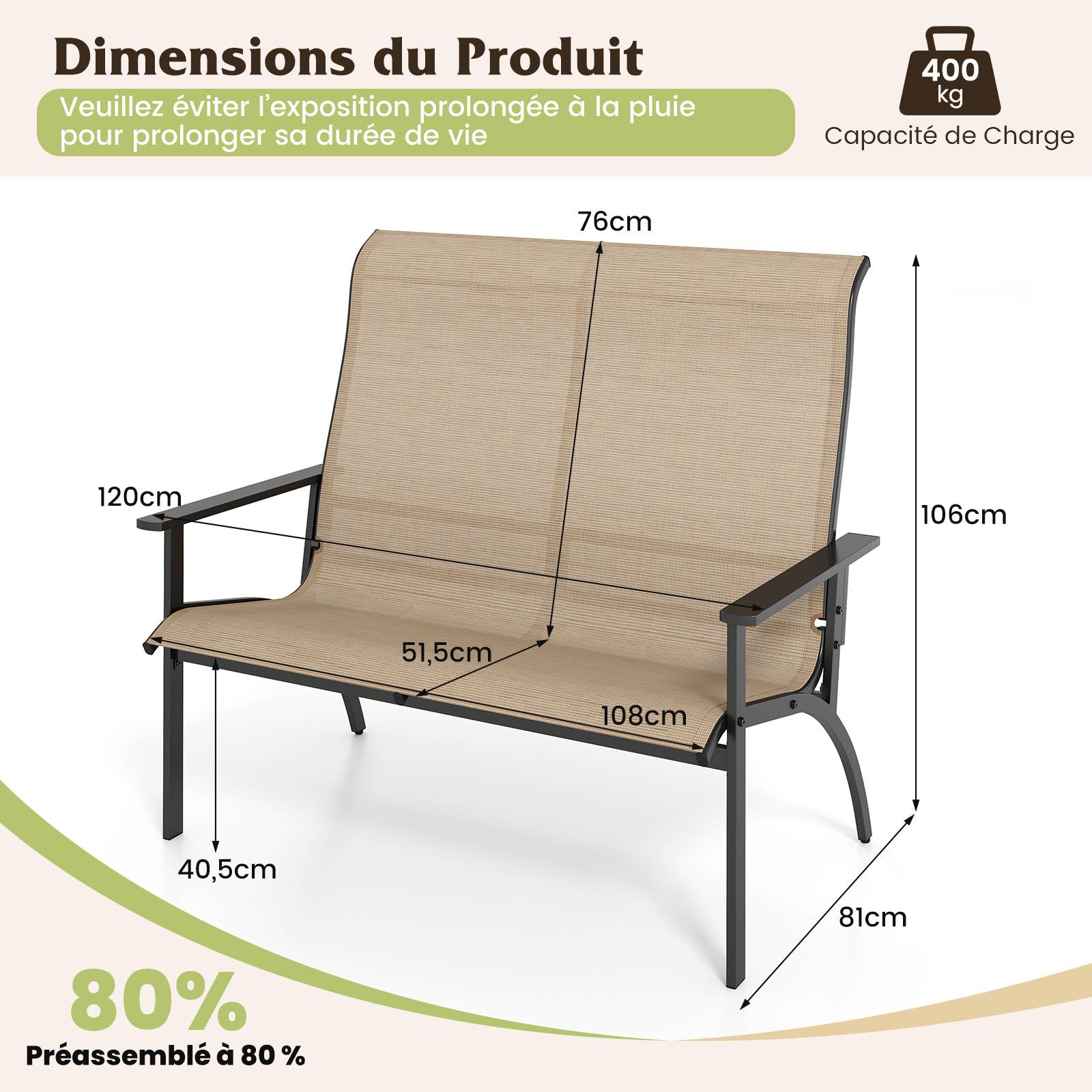 Banc Adirondack d'Extérieur à 2 Personnes avec Dossier Haut et Accoudoirs, Charge 400 kg, Banc Robuste pour Terrasse, Pelouse et Jardin, Café - Image 4