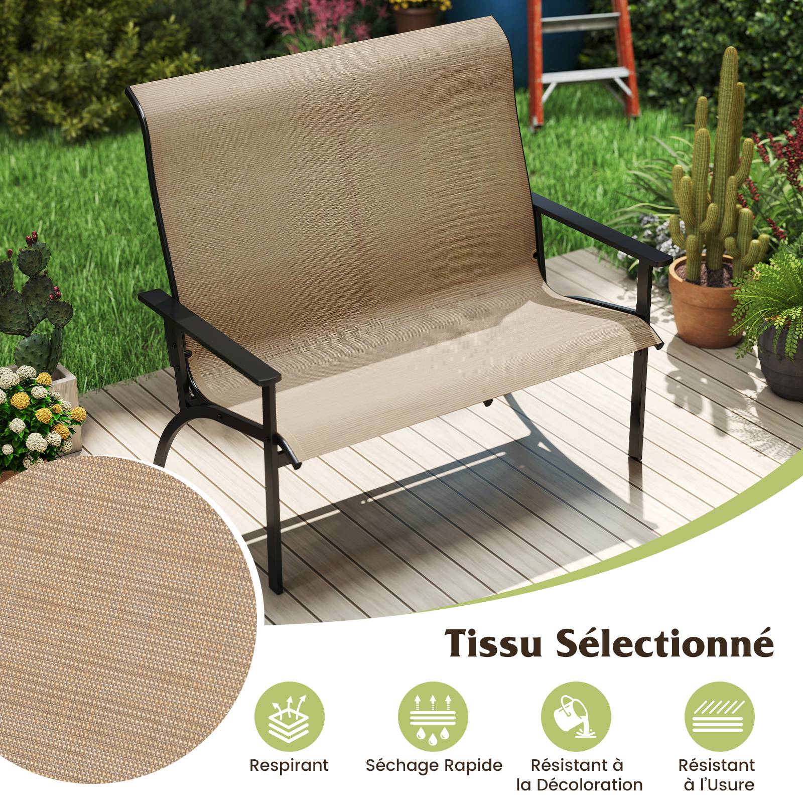 Banc Adirondack d'Extérieur à 2 Personnes avec Dossier Haut et Accoudoirs, Charge 400 kg, Banc Robuste pour Terrasse, Pelouse et Jardin, Café - Image 5