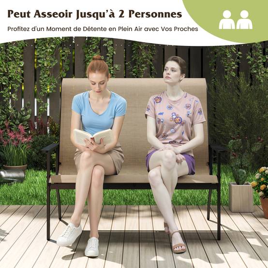 Banc Adirondack d'Extérieur à 2 Personnes avec Dossier Haut et Accoudoirs, Charge 400 kg, Banc Robuste pour Terrasse, Pelouse et Jardin, Café - Image 2
