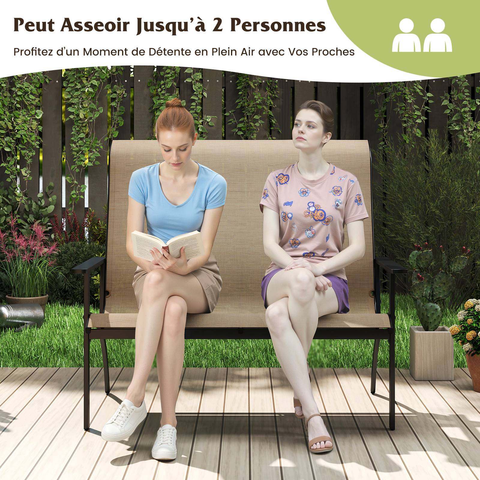 Banc Adirondack d'Extérieur à 2 Personnes avec Dossier Haut et Accoudoirs, Charge 400 kg, Banc Robuste pour Terrasse, Pelouse et Jardin, Café - Image 2