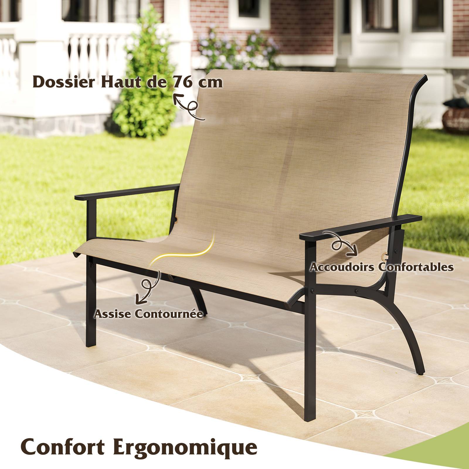 Banc Adirondack d'Extérieur à 2 Personnes avec Dossier Haut et Accoudoirs, Charge 400 kg, Banc Robuste pour Terrasse, Pelouse et Jardin, Café - Image 3