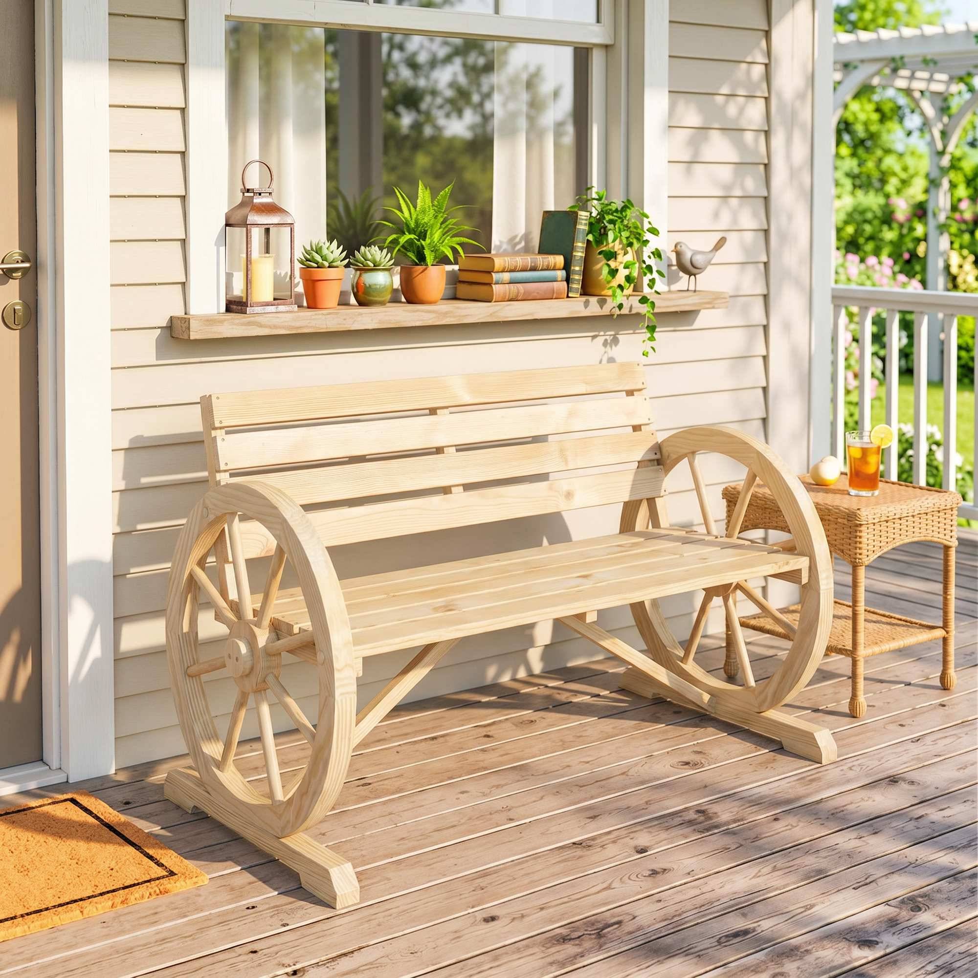 Banc de Jardin banc 3 places en bois Style Rustique Chic accoudoirs Roues Charette Bois Sapin effet bois naturel - Image 3