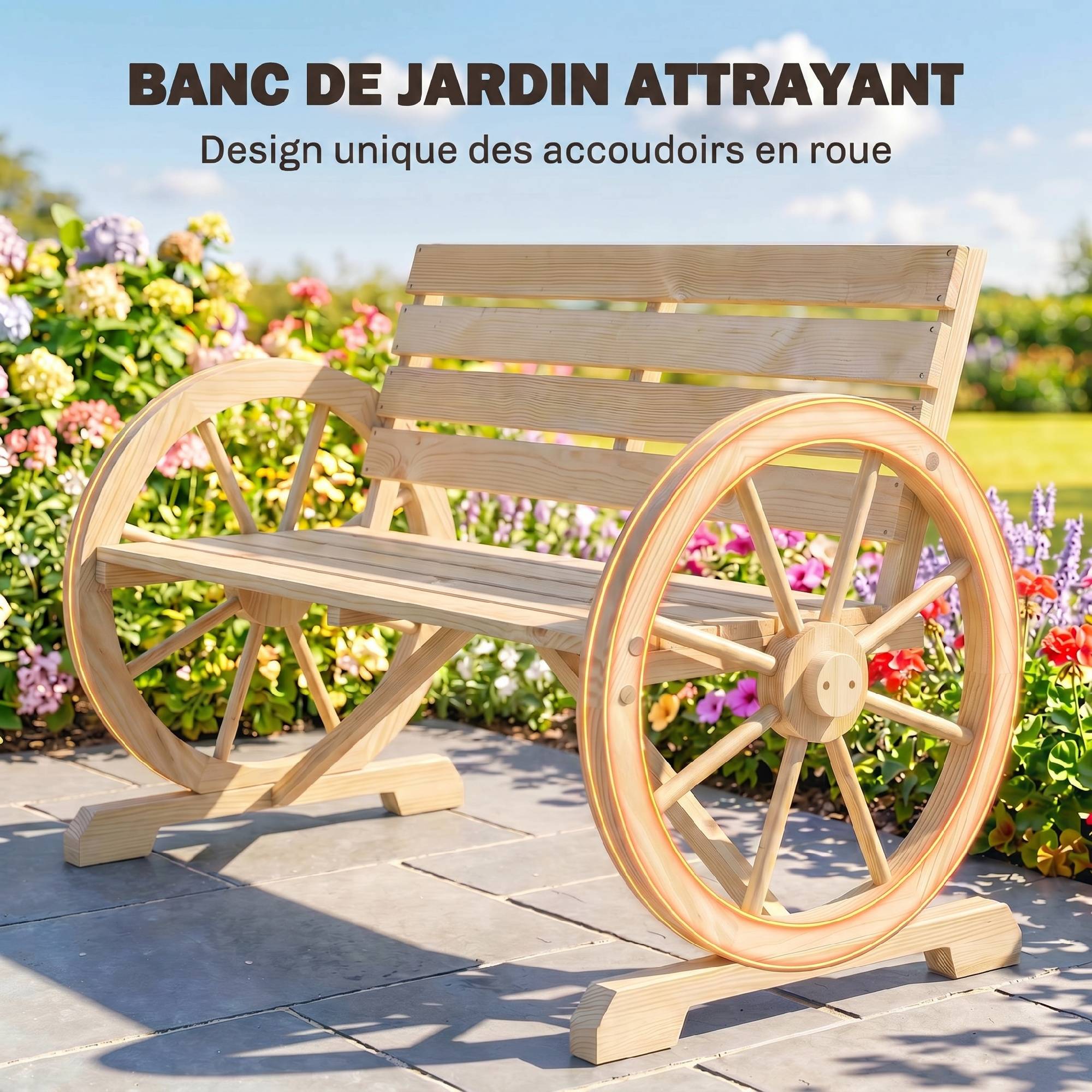 Banc de Jardin banc 3 places en bois Style Rustique Chic accoudoirs Roues Charette Bois Sapin effet bois naturel - Image 8