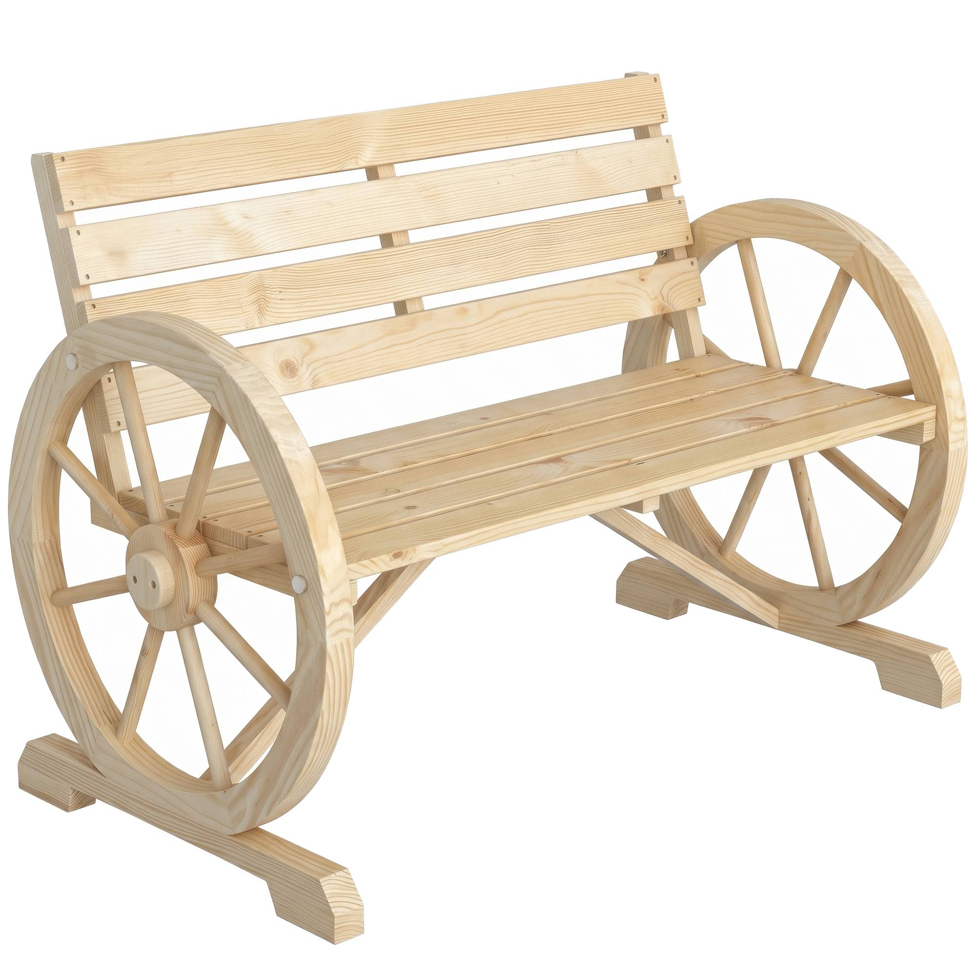 Banc de Jardin banc 3 places en bois Style Rustique Chic accoudoirs Roues Charette Bois Sapin effet bois naturel - Image 1