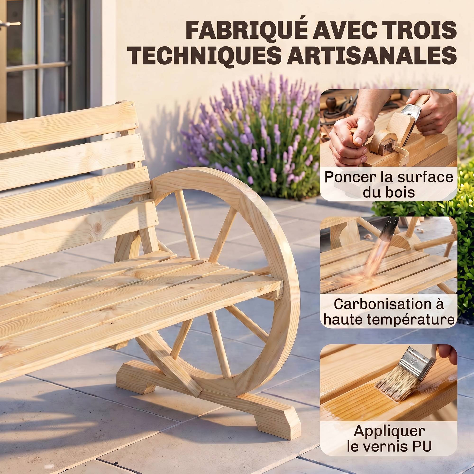 Banc de Jardin banc 3 places en bois Style Rustique Chic accoudoirs Roues Charette Bois Sapin effet bois naturel - Image 7