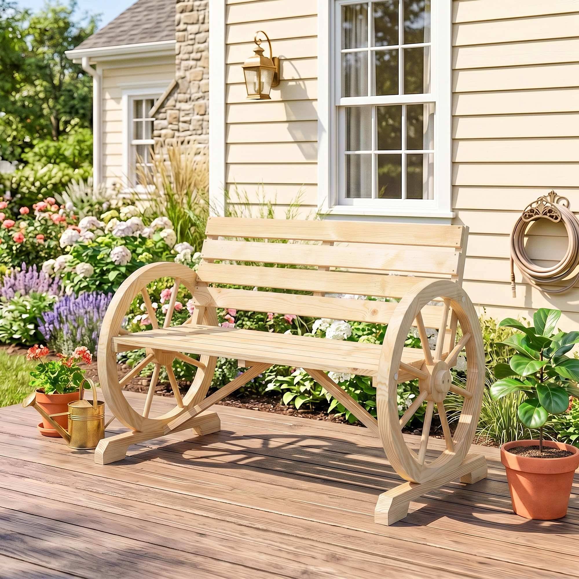Banc de Jardin banc 3 places en bois Style Rustique Chic accoudoirs Roues Charette Bois Sapin effet bois naturel - Image 4