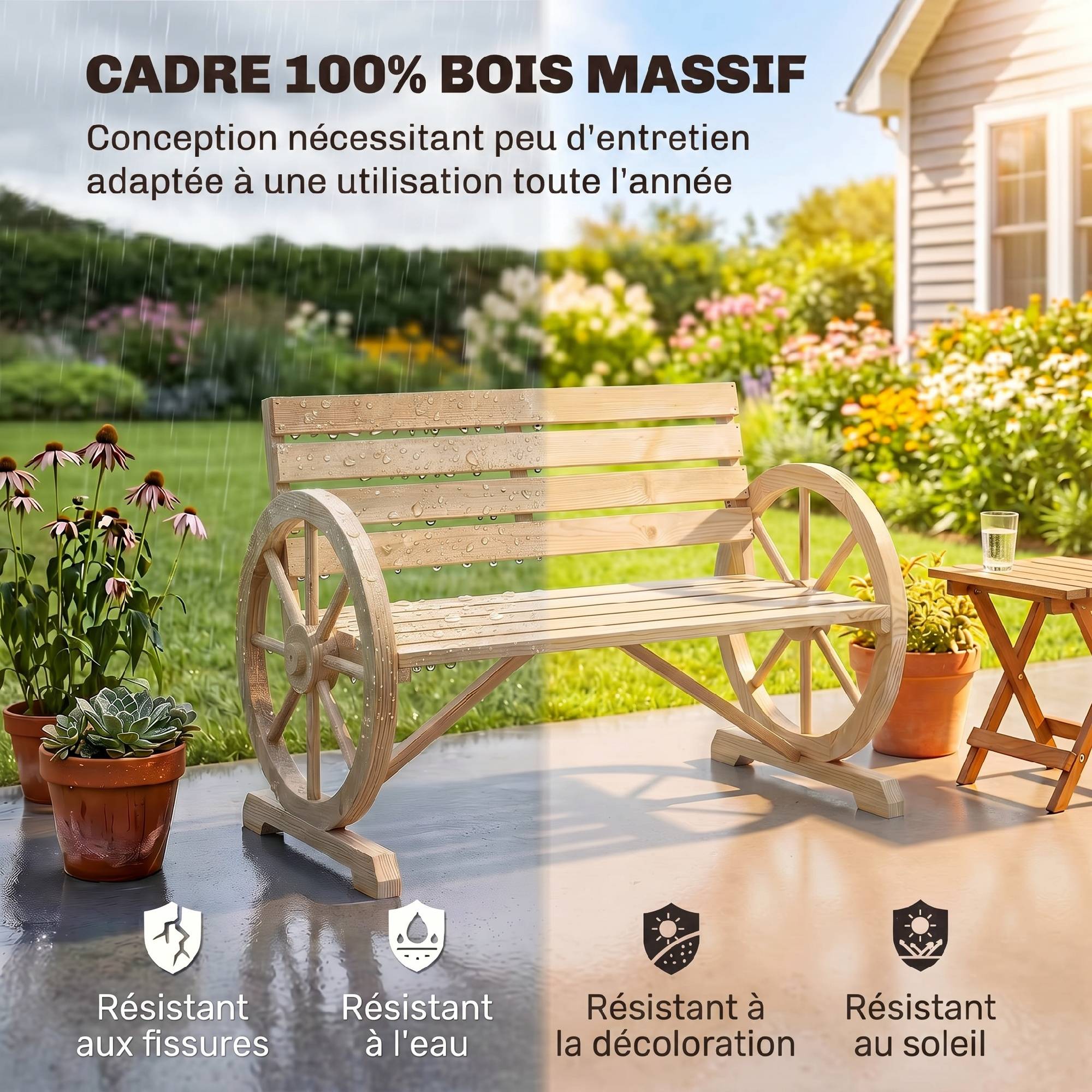 Banc de Jardin banc 3 places en bois Style Rustique Chic accoudoirs Roues Charette Bois Sapin effet bois naturel - Image 6