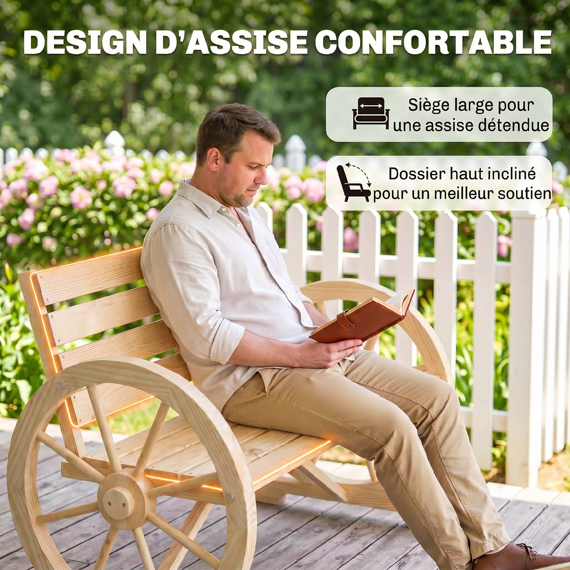 Banc de Jardin banc 3 places en bois Style Rustique Chic accoudoirs Roues Charette Bois Sapin effet bois naturel - Image 9