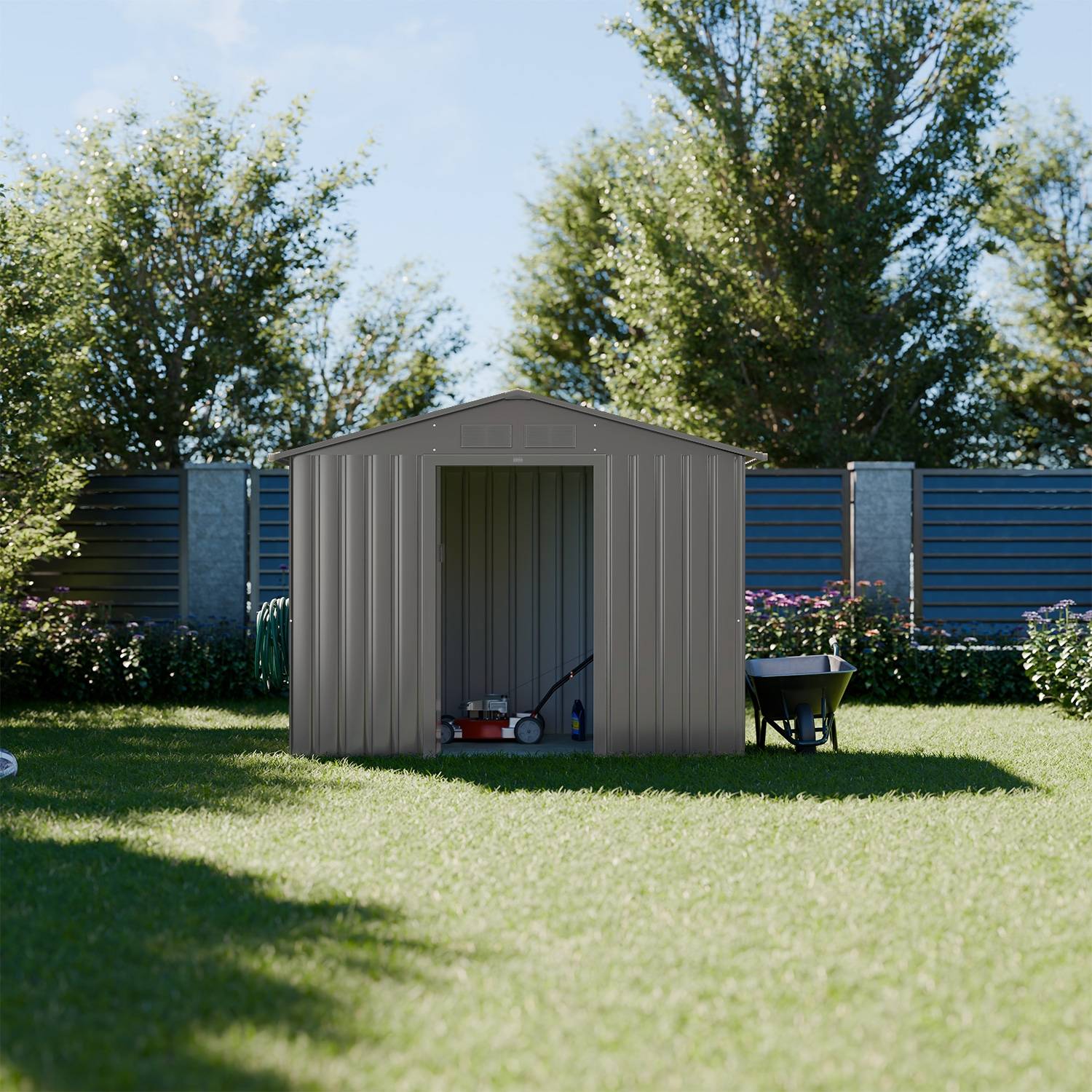 sweeek - Abri de jardin en métal - Houtland. 2.71 m² taupe - Cabane à outils avec double portes coulissantes. kit de fixation sol inclus. L 213 x P | sweeek - Image 1