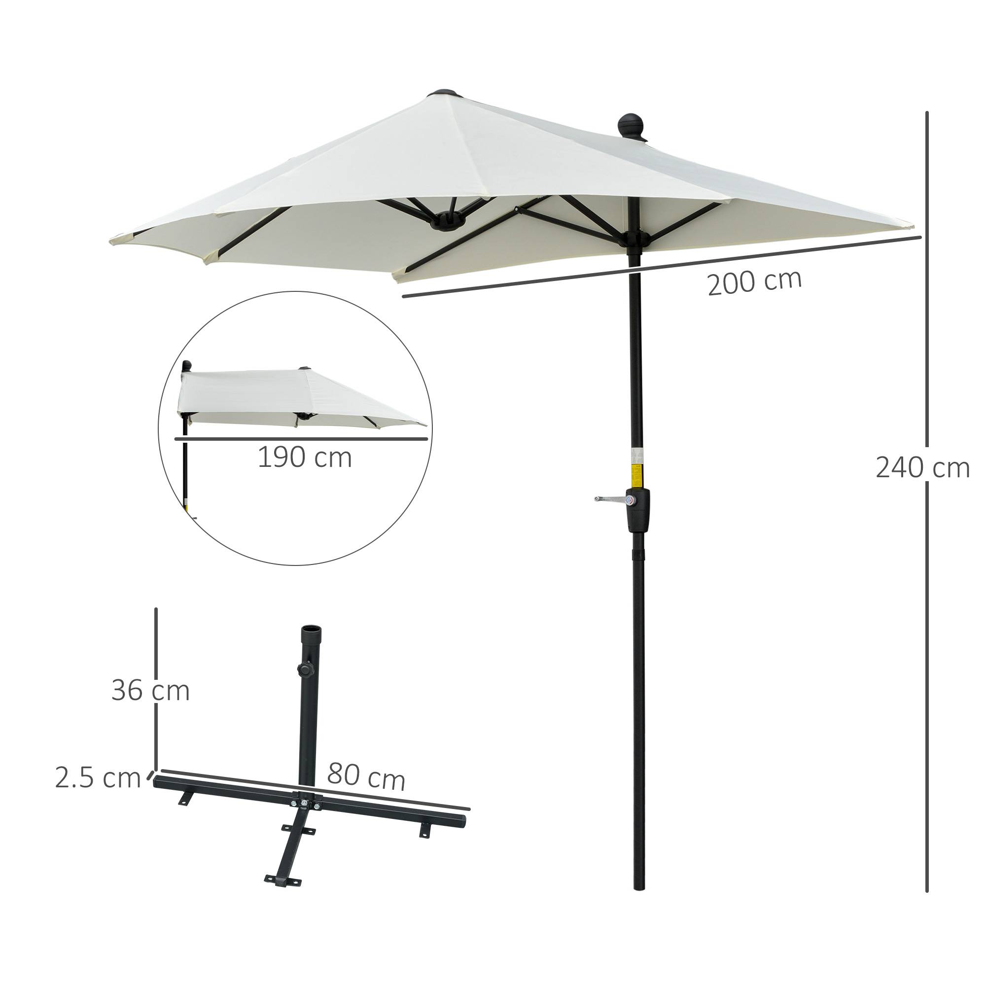 Demi Parasol Semicirculaire Acier Balcon Toile Anti-UV Manivelle 200x190 cm Crème - ComfortXL Outdoor Living - Image 5