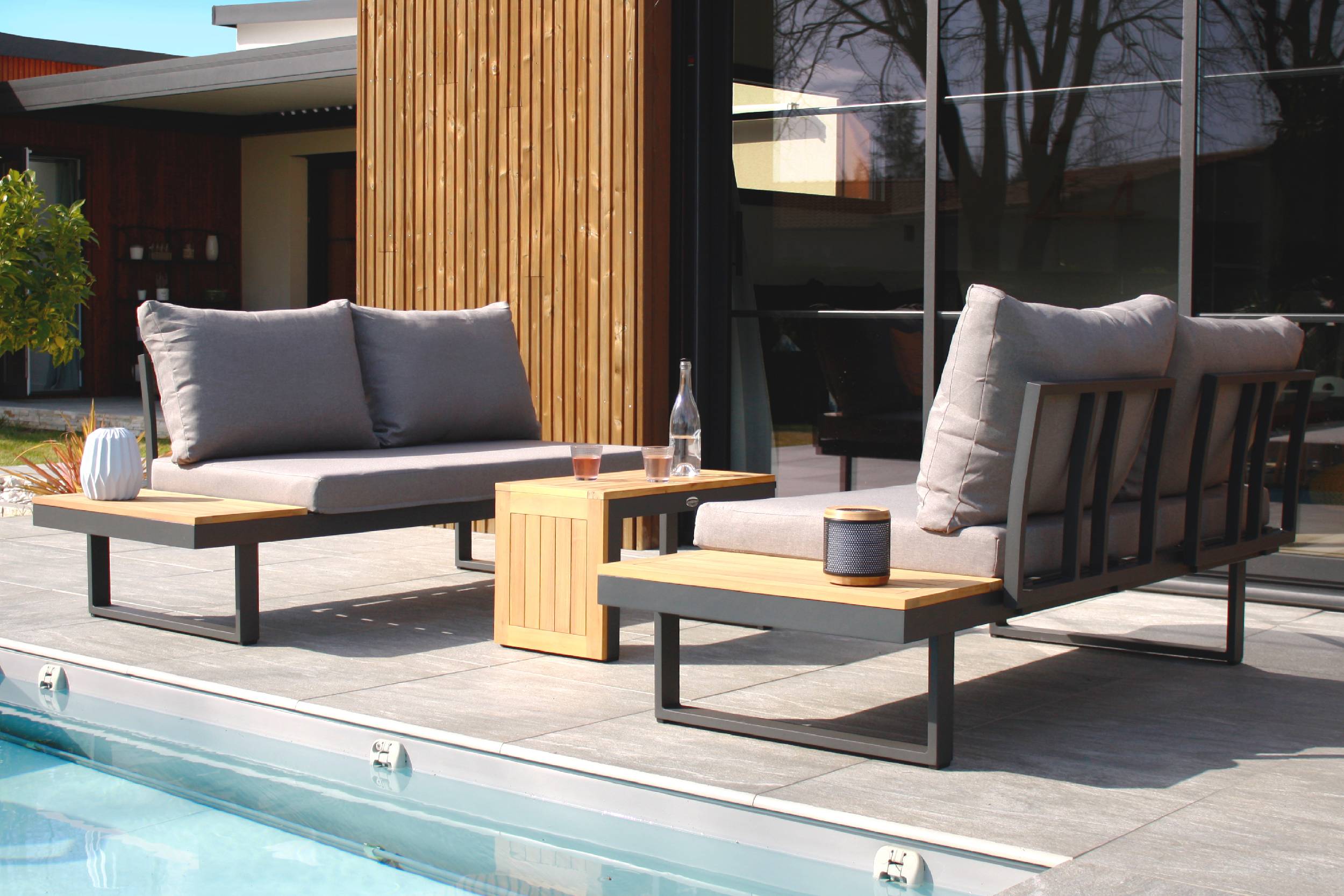 Dcb Garden - Salon de jardin 4 places en bois d' et aluminium - Gris anthracite - TOKYO - Image 2