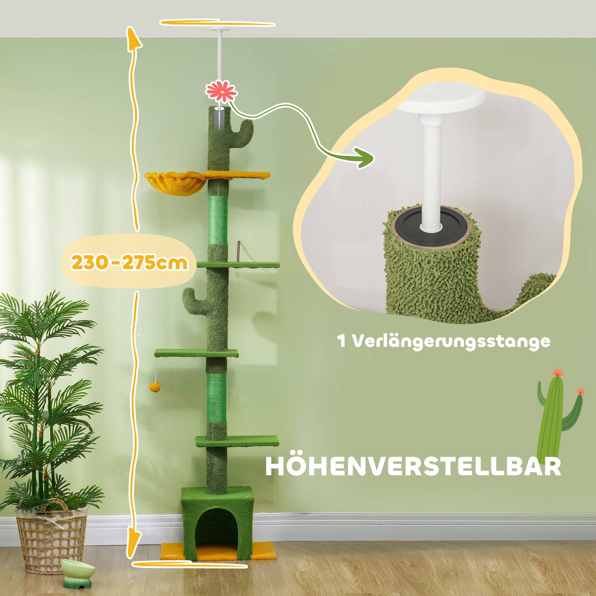 Arbre à Chat Hauteur Plafond Tissu Teddy Réglable Griffoir Sisal 230-275cm Vert - ComfortXL Pet Living - Image 4