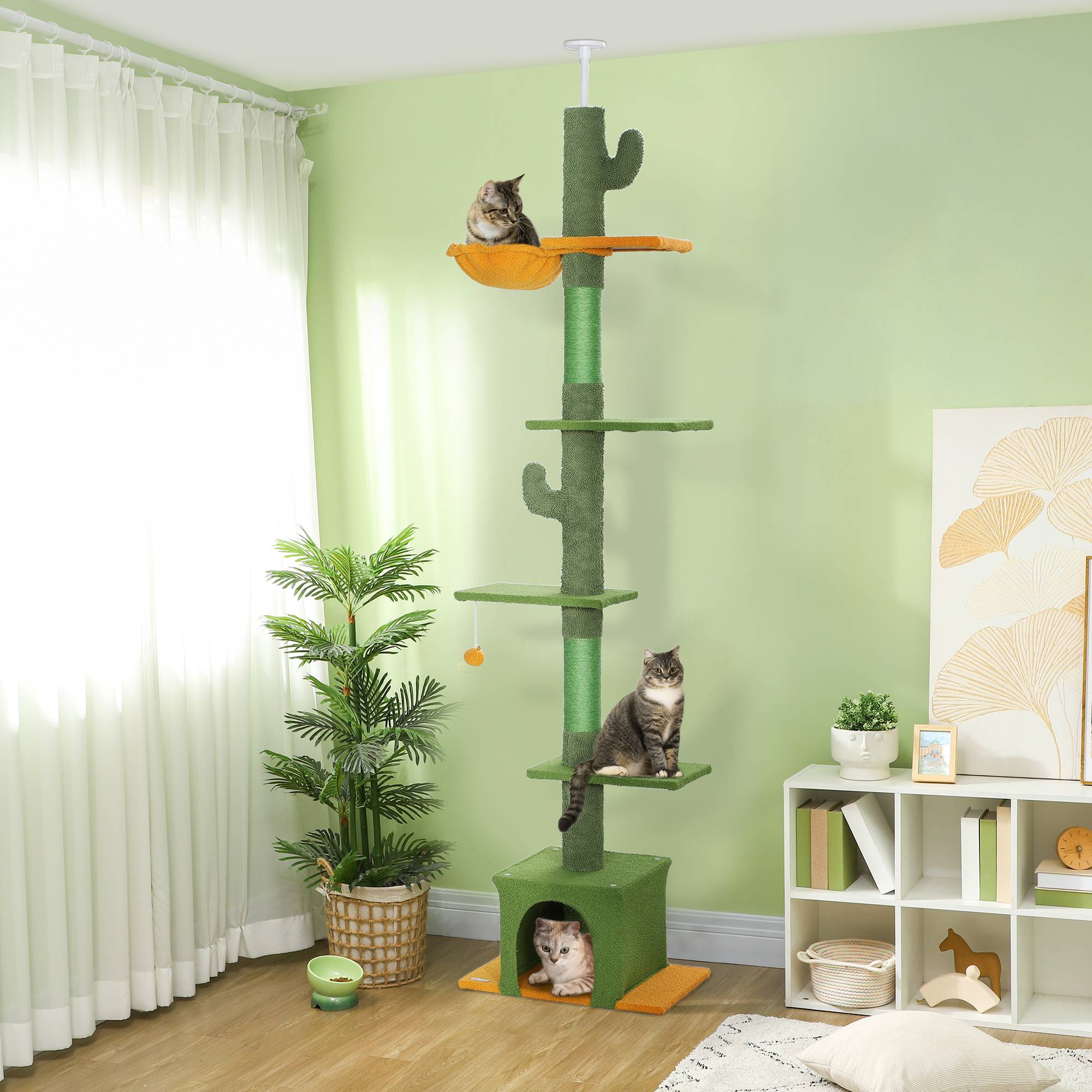Arbre à Chat Hauteur Plafond Tissu Teddy Réglable Griffoir Sisal 230-275cm Vert - ComfortXL Pet Living - Image 1