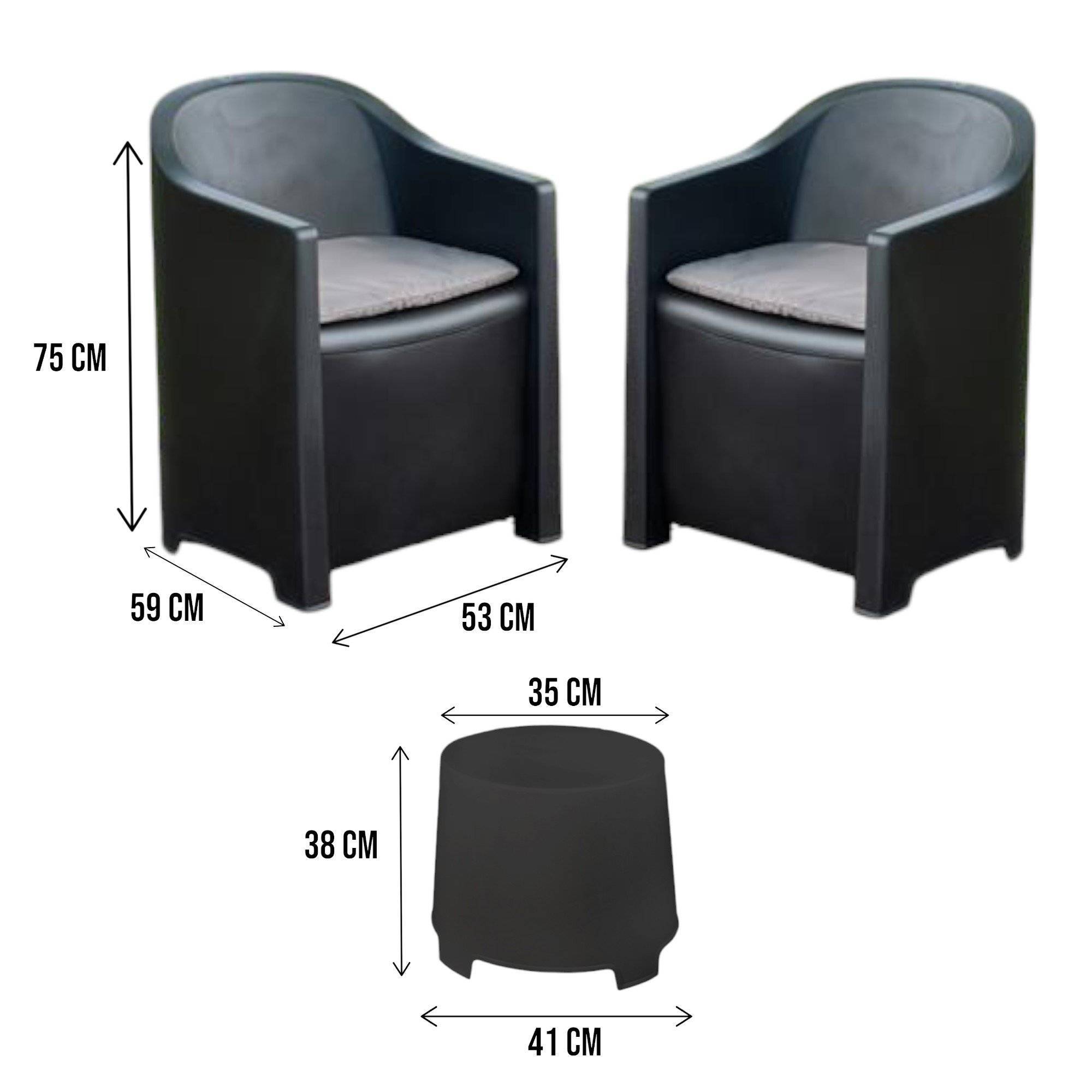 Dmora - Salon d'extérieur Dandrean, Composition de jardin avec 2 fauteuils et 1 table basse, Salon intérieur et extérieur avec coussins, Anthracite - Dmora - Image 3