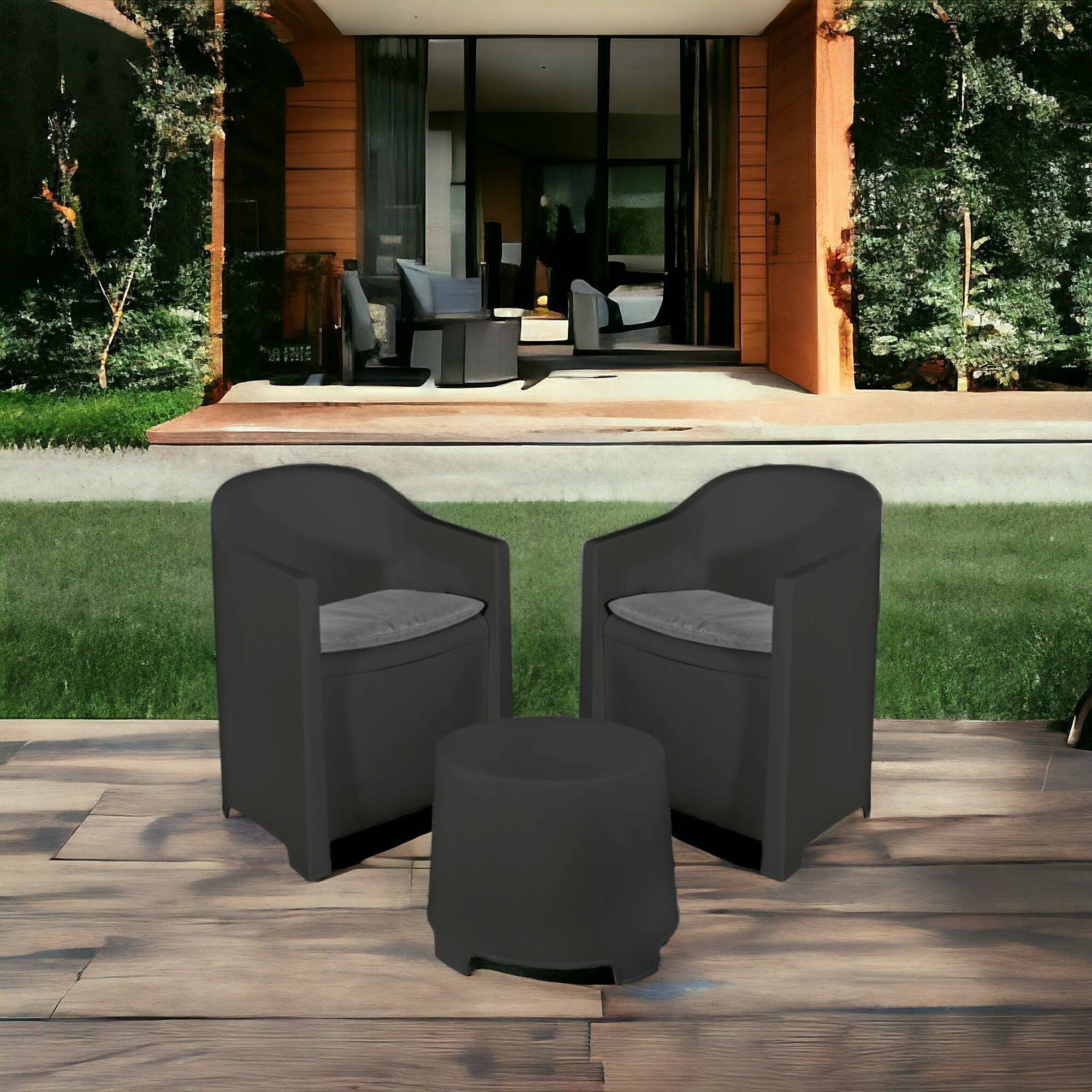 Dmora - Salon d'extérieur Dandrean, Composition de jardin avec 2 fauteuils et 1 table basse, Salon intérieur et extérieur avec coussins, Anthracite - Dmora - Image 4