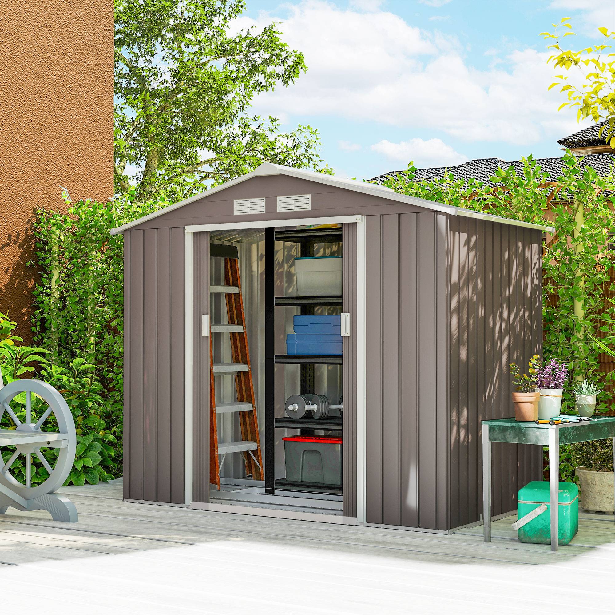 Abri de jardin métal avec portes coulissantes 213x130x185 cm cabane extérieure rangement outils gris - Image 3