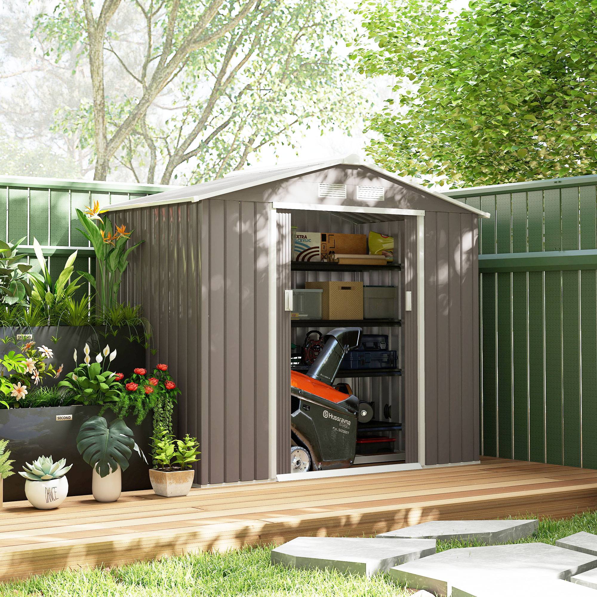 Abri de jardin métal avec portes coulissantes 213x130x185 cm cabane extérieure rangement outils gris - Image 4