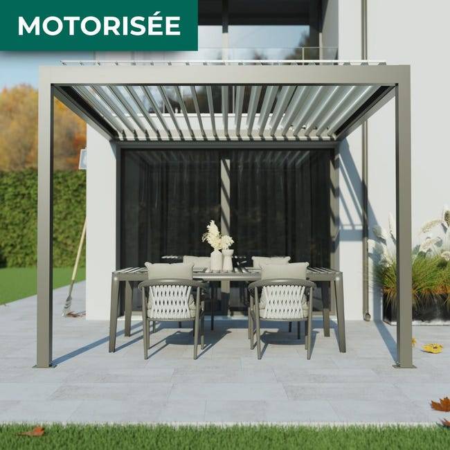 Pergola Bioclimatique Adossée Motorisée Éclairée Aluminium 3x3 Gris SV ORIAL France - Image 1