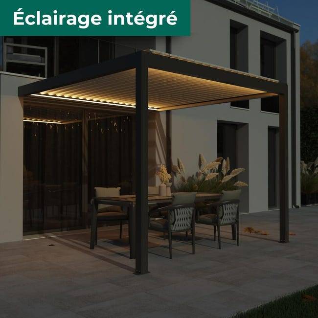 Pergola Bioclimatique Adossée Motorisée Éclairée Aluminium 3x3 Gris SV ORIAL France - Image 4