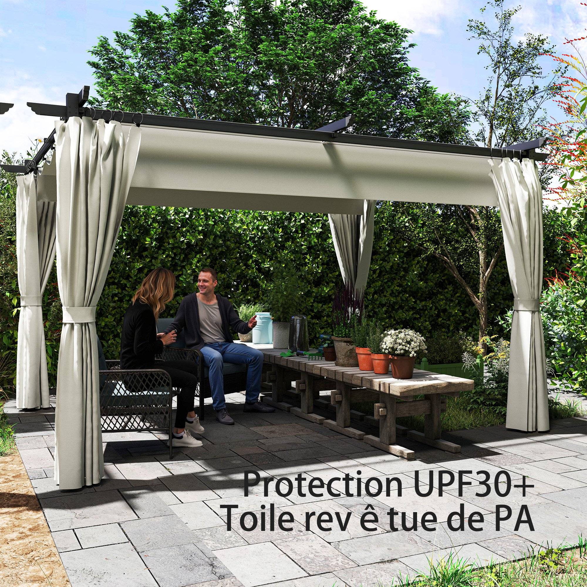Pergola 3 x 3 m avec Auvent Rétractable et Rideaux, Abri de Soleil UPF30+ pour Jardin, Terrasse, Extérieur - Image 8