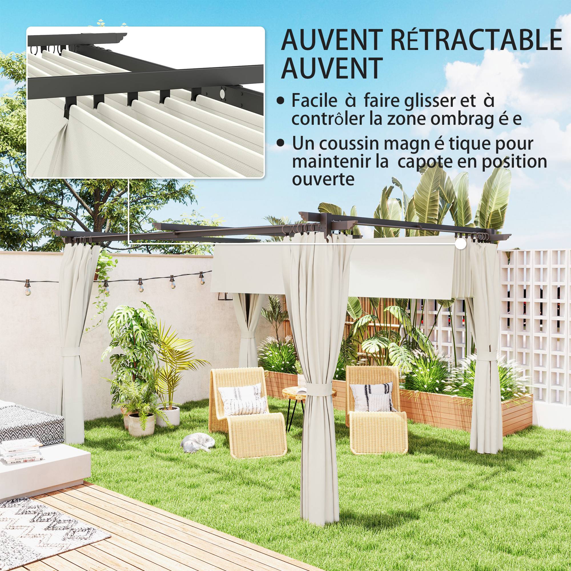 Pergola 3 x 3 m avec Auvent Rétractable et Rideaux, Abri de Soleil UPF30+ pour Jardin, Terrasse, Extérieur - Image 6