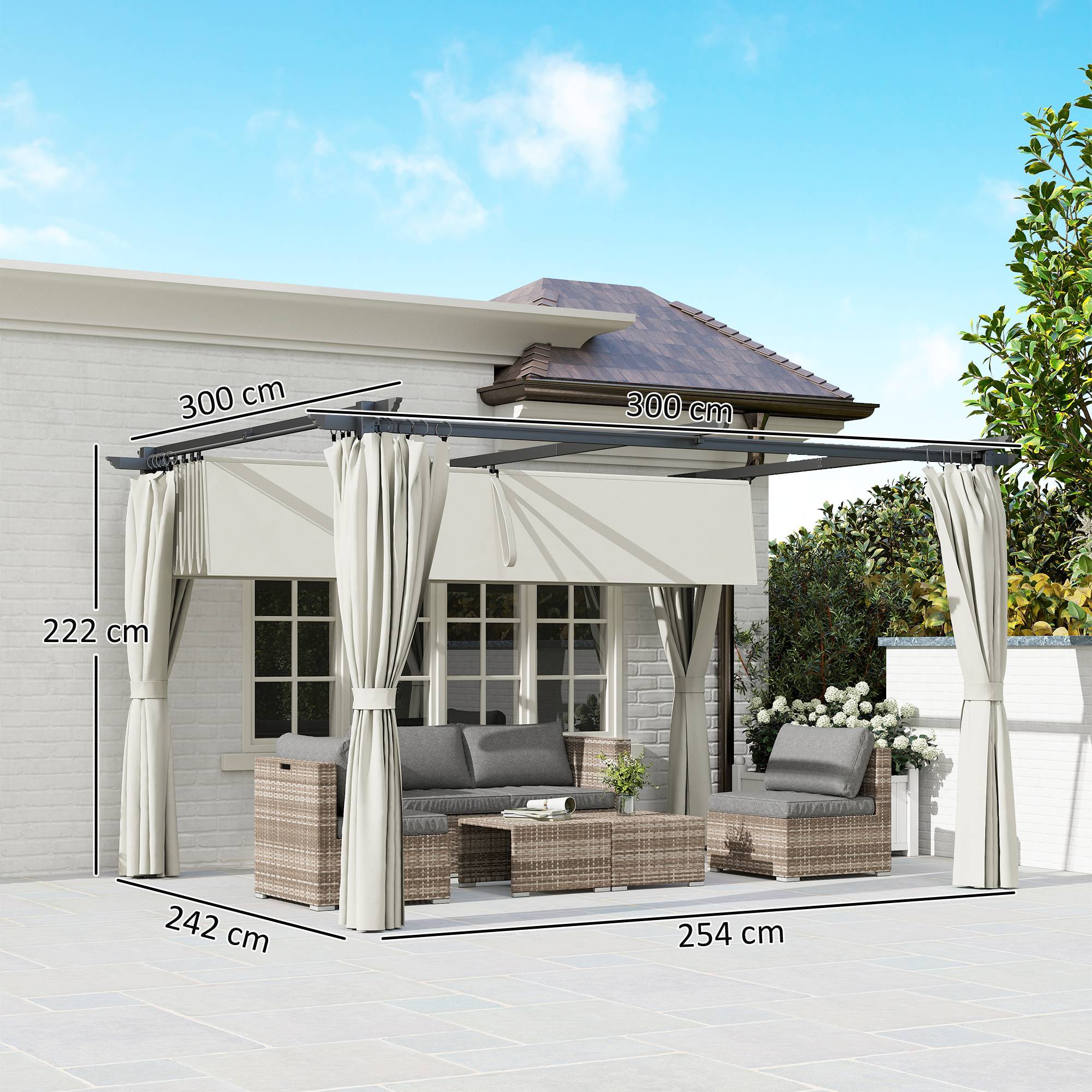Pergola 3 x 3 m avec Auvent Rétractable et Rideaux, Abri de Soleil UPF30+ pour Jardin, Terrasse, Extérieur - Image 5