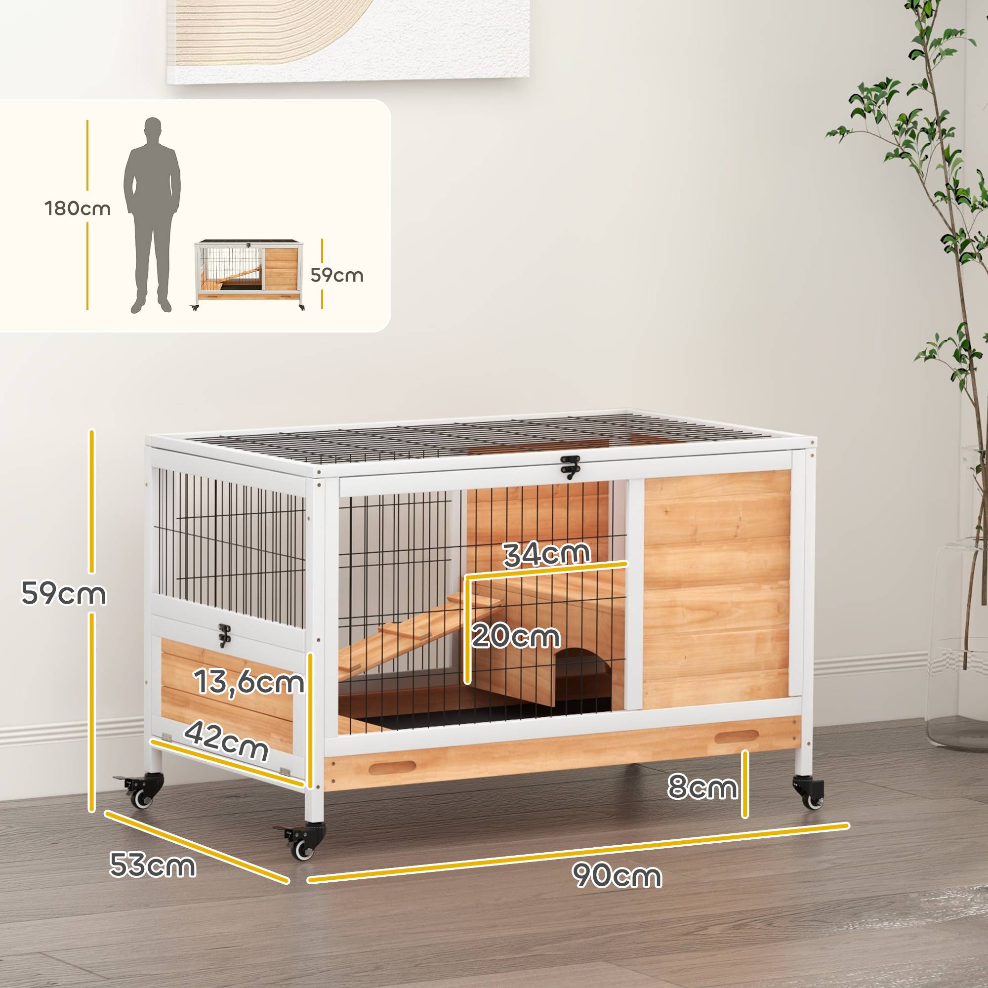 Sans Marque - Clapier petits animaux toit ouvrant bac amovible 90x53x59 cm naturel - Image 5