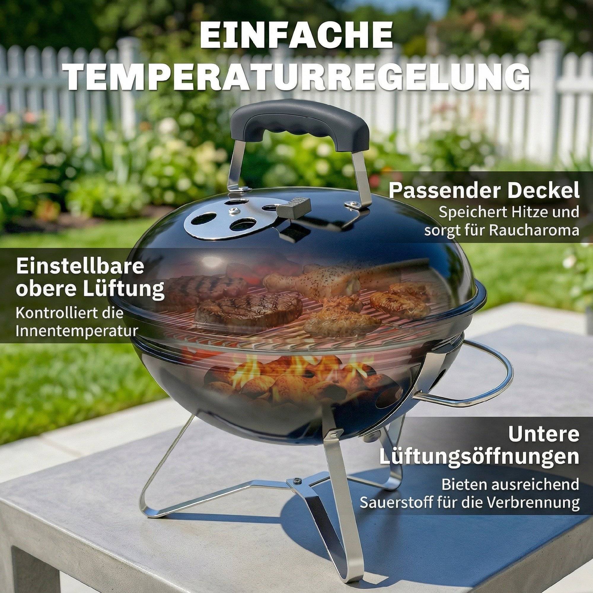 Sans Marque - Barbecue boule portable couvercle poignée fentes ventilation 41x41x44 cm noir - Image 8