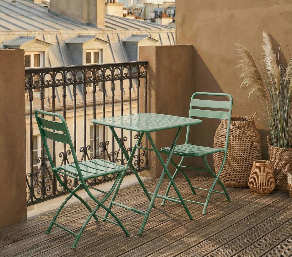 Ozalide - Ensemble table et chaises de jardin pliantes  2 places  vert amande  RHODES