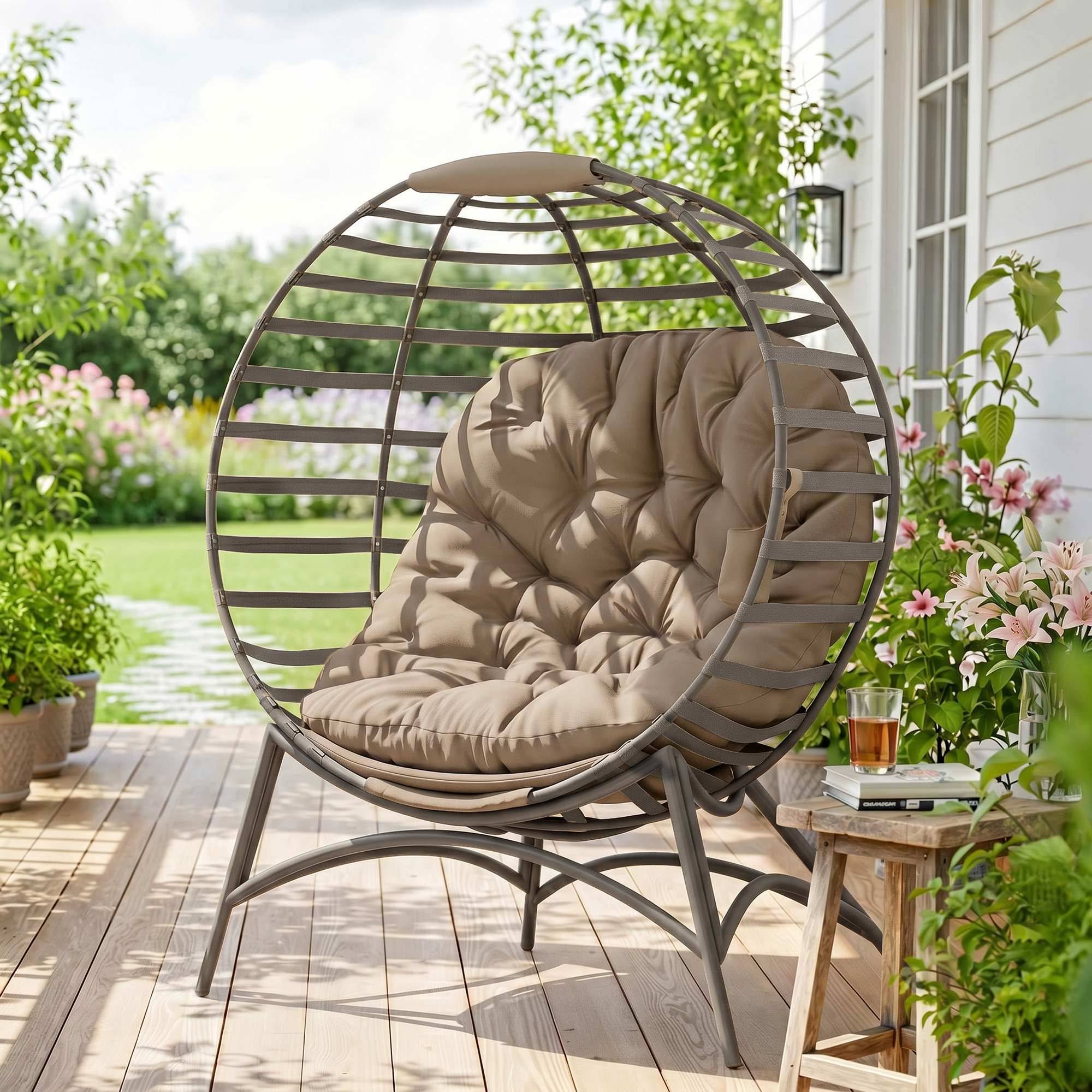 Fauteuil Papasan, chaise de jardin, fauteuil en osier avec coussin, fauteuil lounge ovale, pliable, 118 x 77 x 139 cm - Image 4
