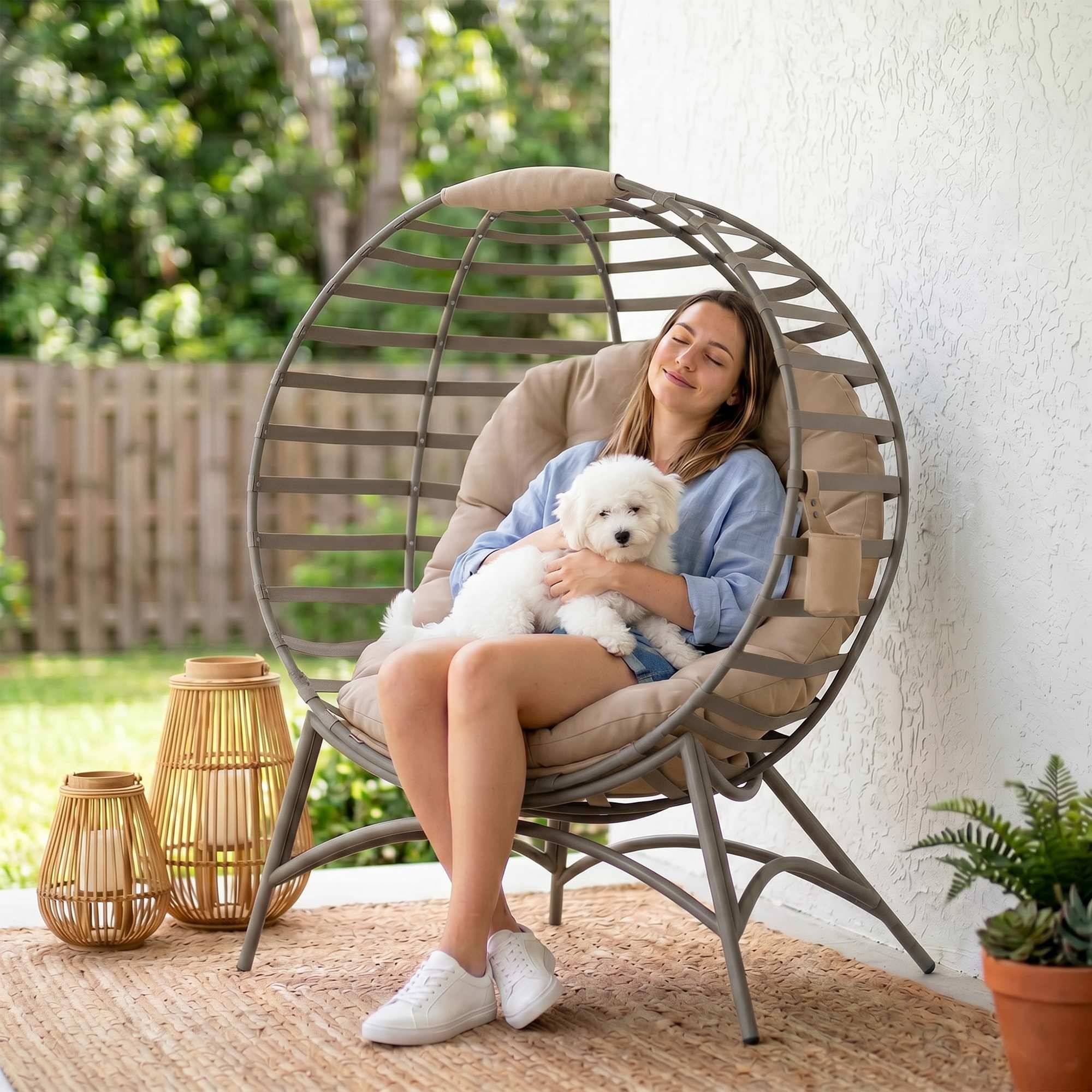 Fauteuil Papasan, chaise de jardin, fauteuil en osier avec coussin, fauteuil lounge ovale, pliable, 118 x 77 x 139 cm - Image 9