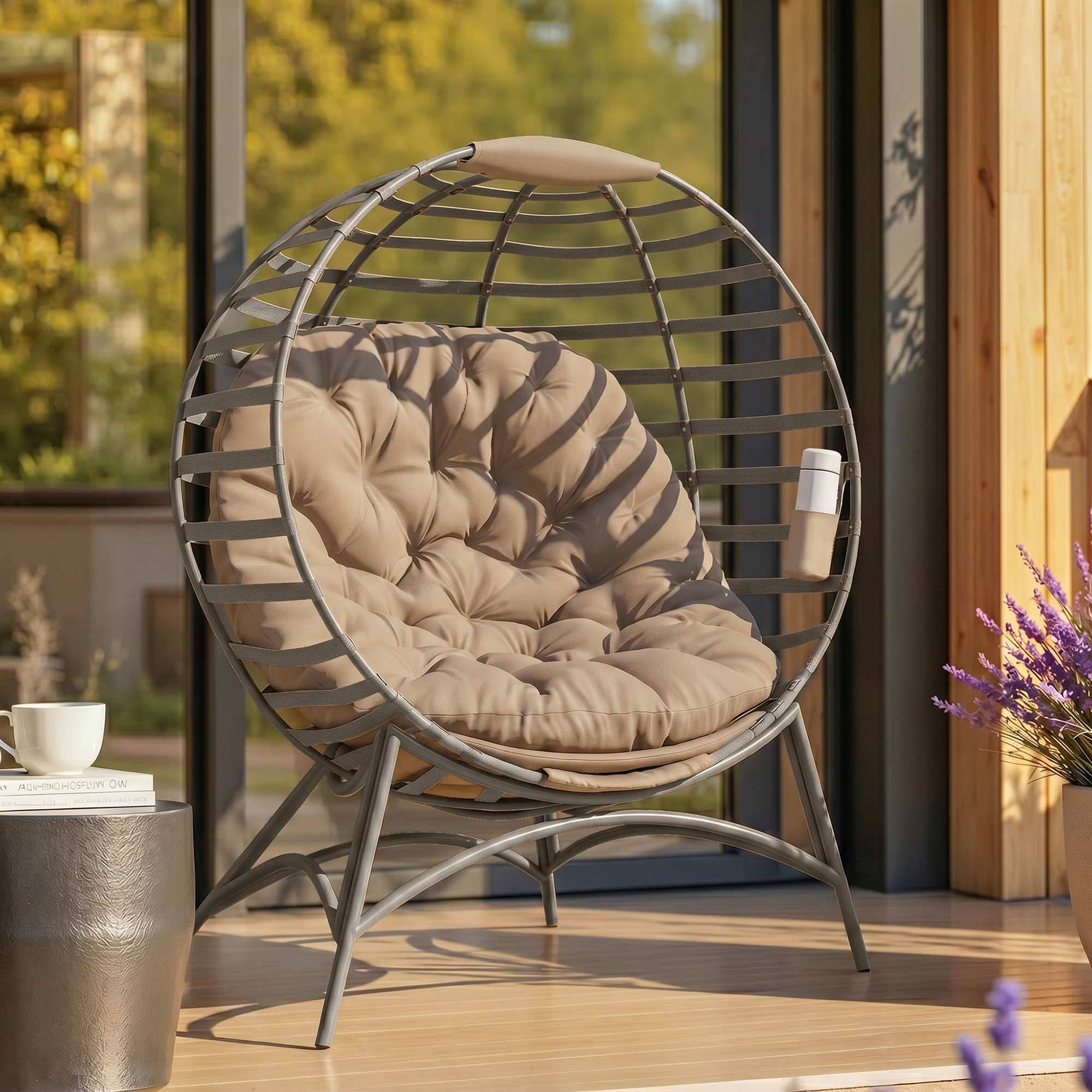 Fauteuil Papasan, chaise de jardin, fauteuil en osier avec coussin, fauteuil lounge ovale, pliable, 118 x 77 x 139 cm - Image 3