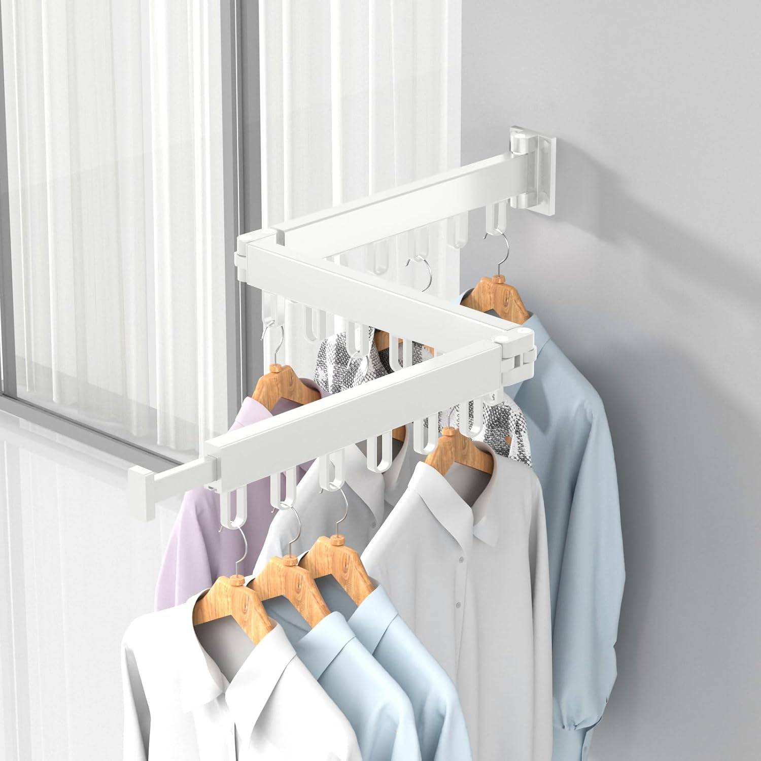 Étendoir à linge mural rétractable avec rotation à 360° (blanc, pliable en trois positions)-Lytech - Image 2