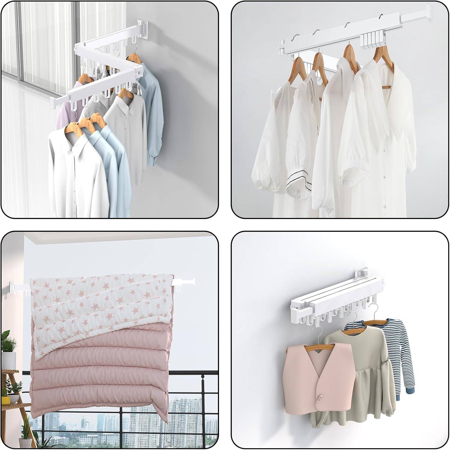 Étendoir à linge mural rétractable avec rotation à 360° (blanc, pliable en trois positions)-Lytech - Image 5