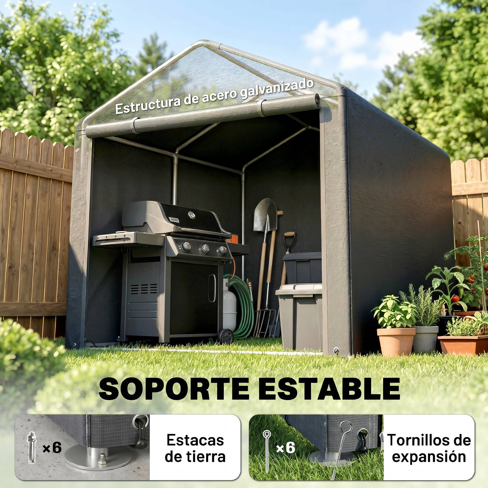 Abri à outils pour vélos et motos 1,6 x 2,2 x 1,7 m, 2 compartiments, porte zippée, imperméable, gris - Image 7