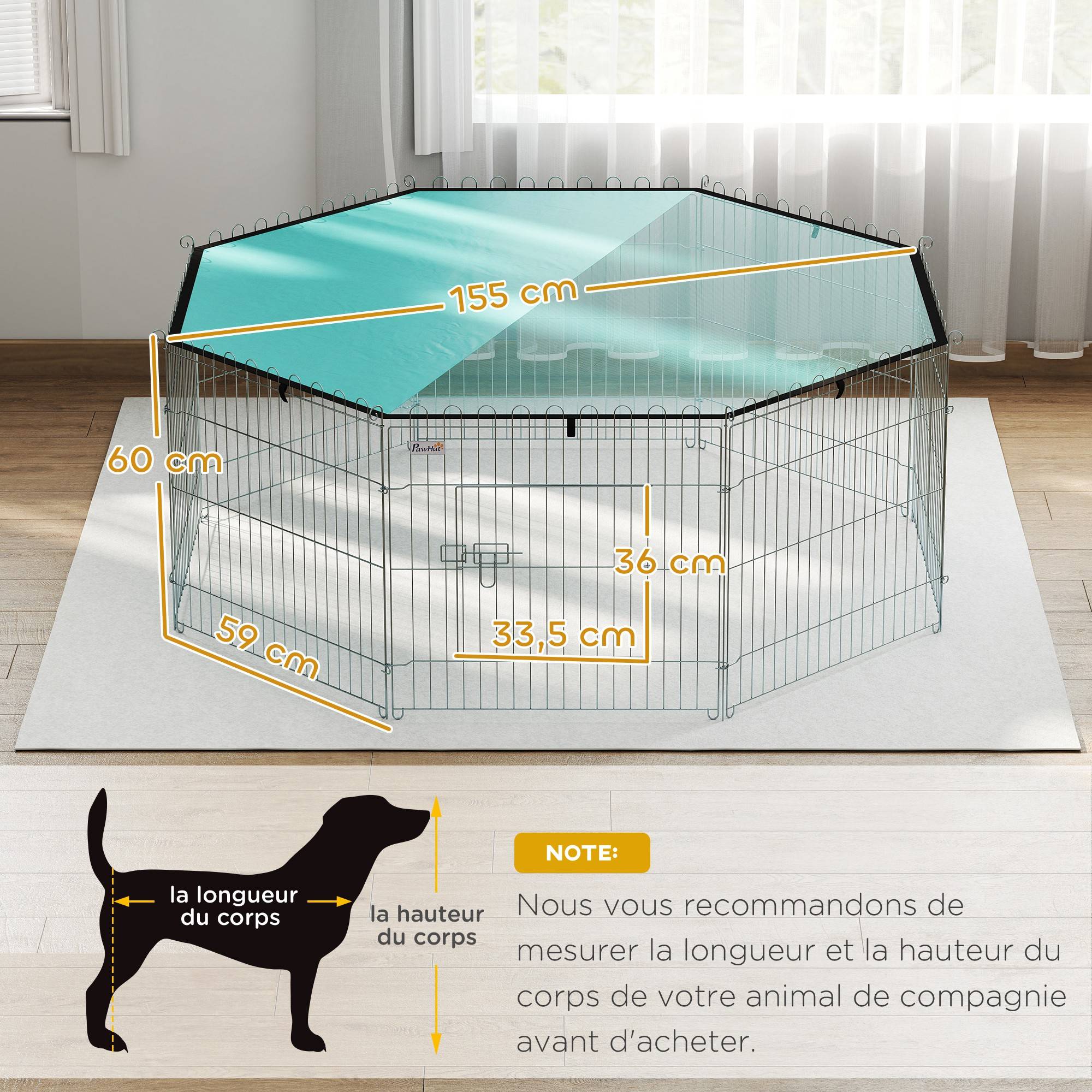 Parc pour chien, enclos chien 8 panneaux avec toit, modulable et pliable, enclos portable 60H cm avec porte argent vert - Image 5