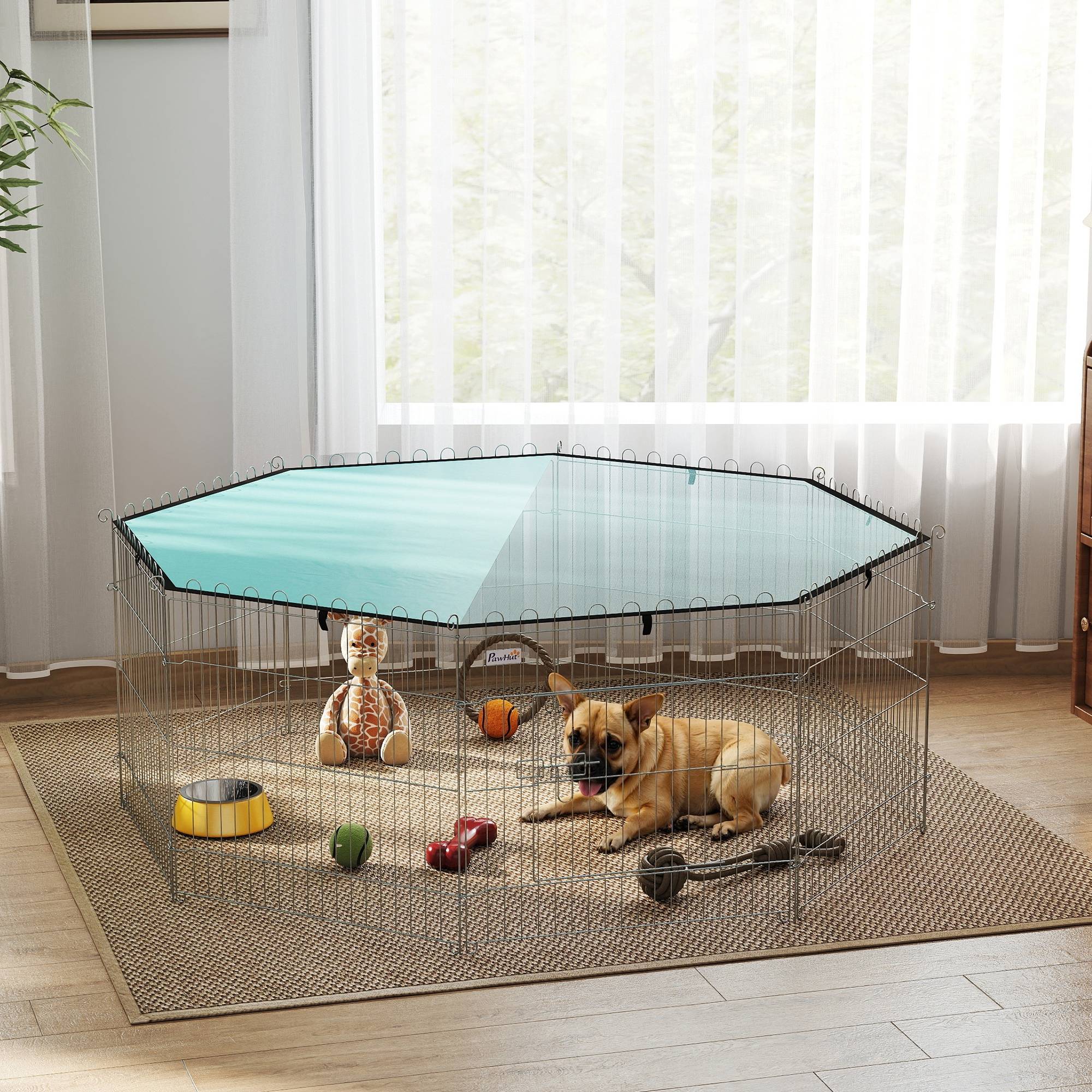 Parc pour chien, enclos chien 8 panneaux avec toit, modulable et pliable, enclos portable 60H cm avec porte argent vert - Image 4