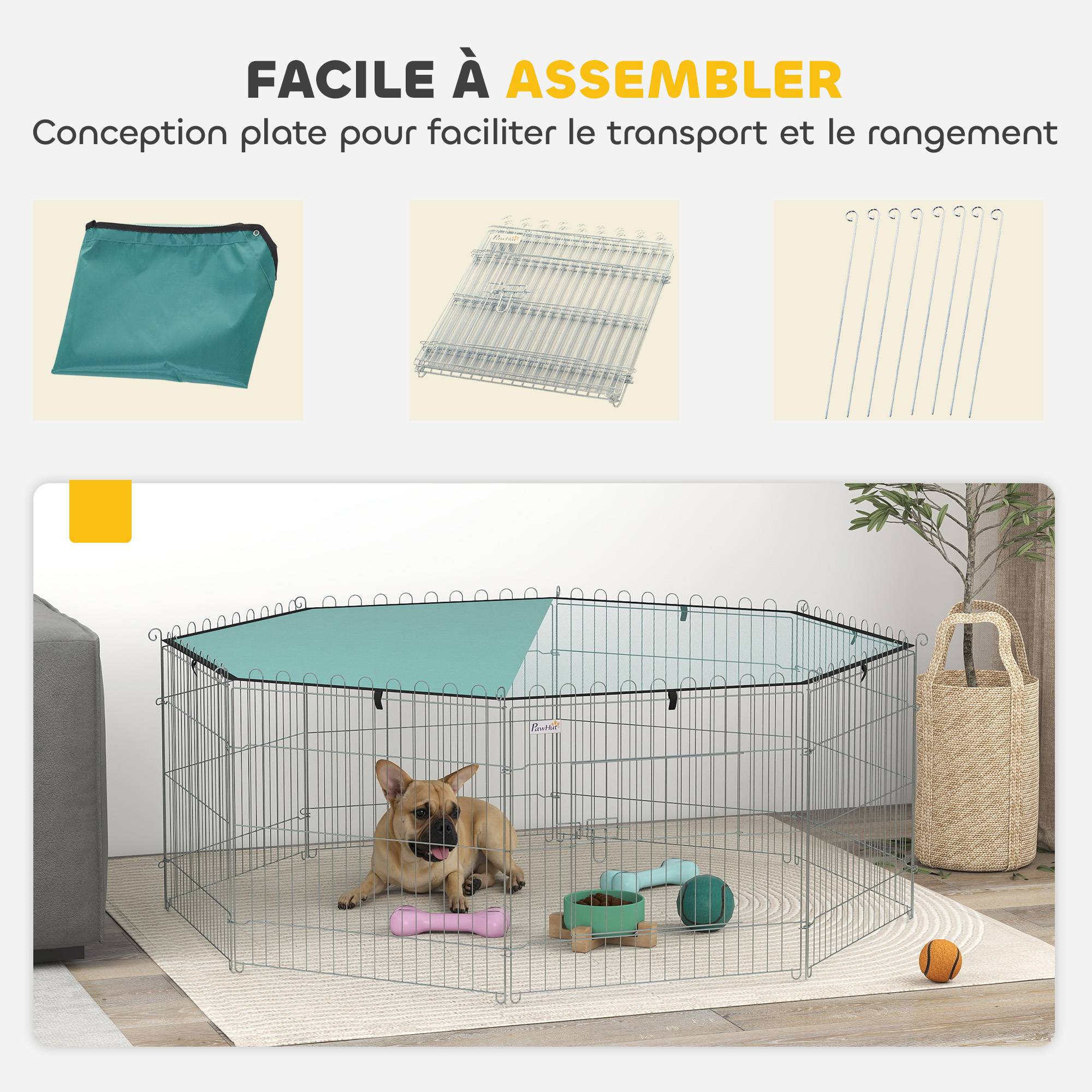 Parc pour chien, enclos chien 8 panneaux avec toit, modulable et pliable, enclos portable 60H cm avec porte argent vert - Image 7
